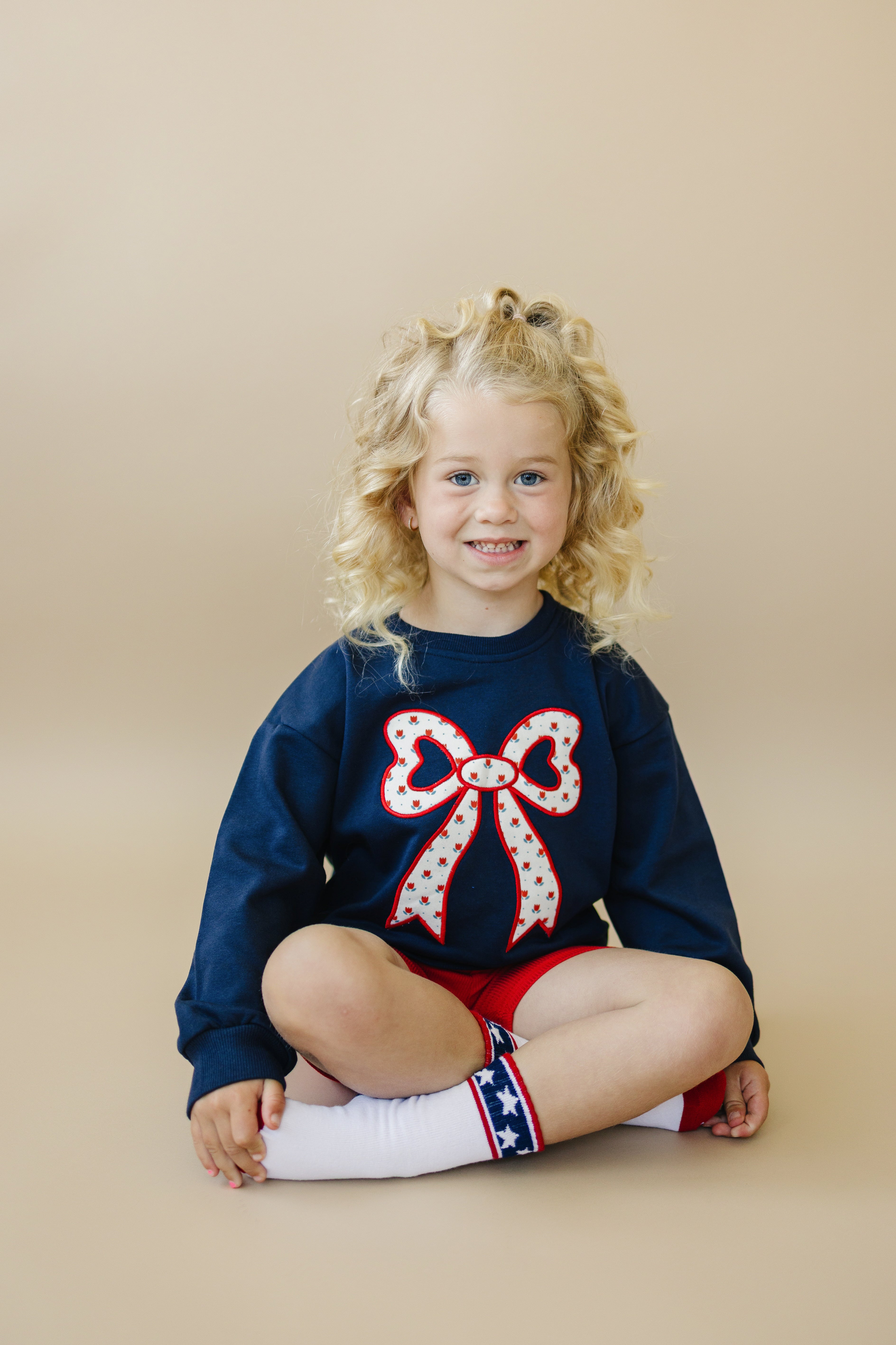 4th Of July Tulip Bow Applique Crewneck Sweatshirt