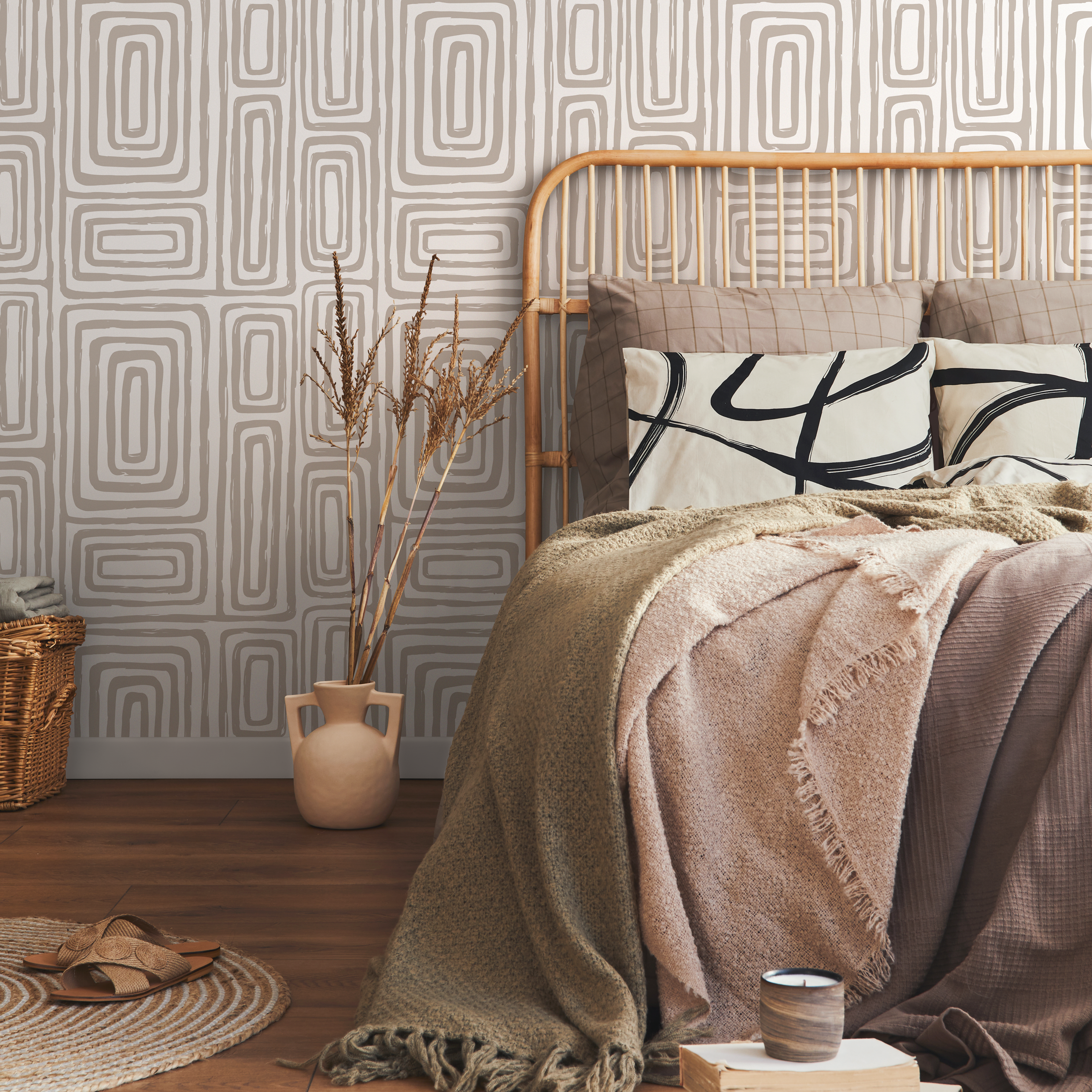 Abstract Wallpaper With A Brushed Labyrinth Motif In Beige And White - Zaaa