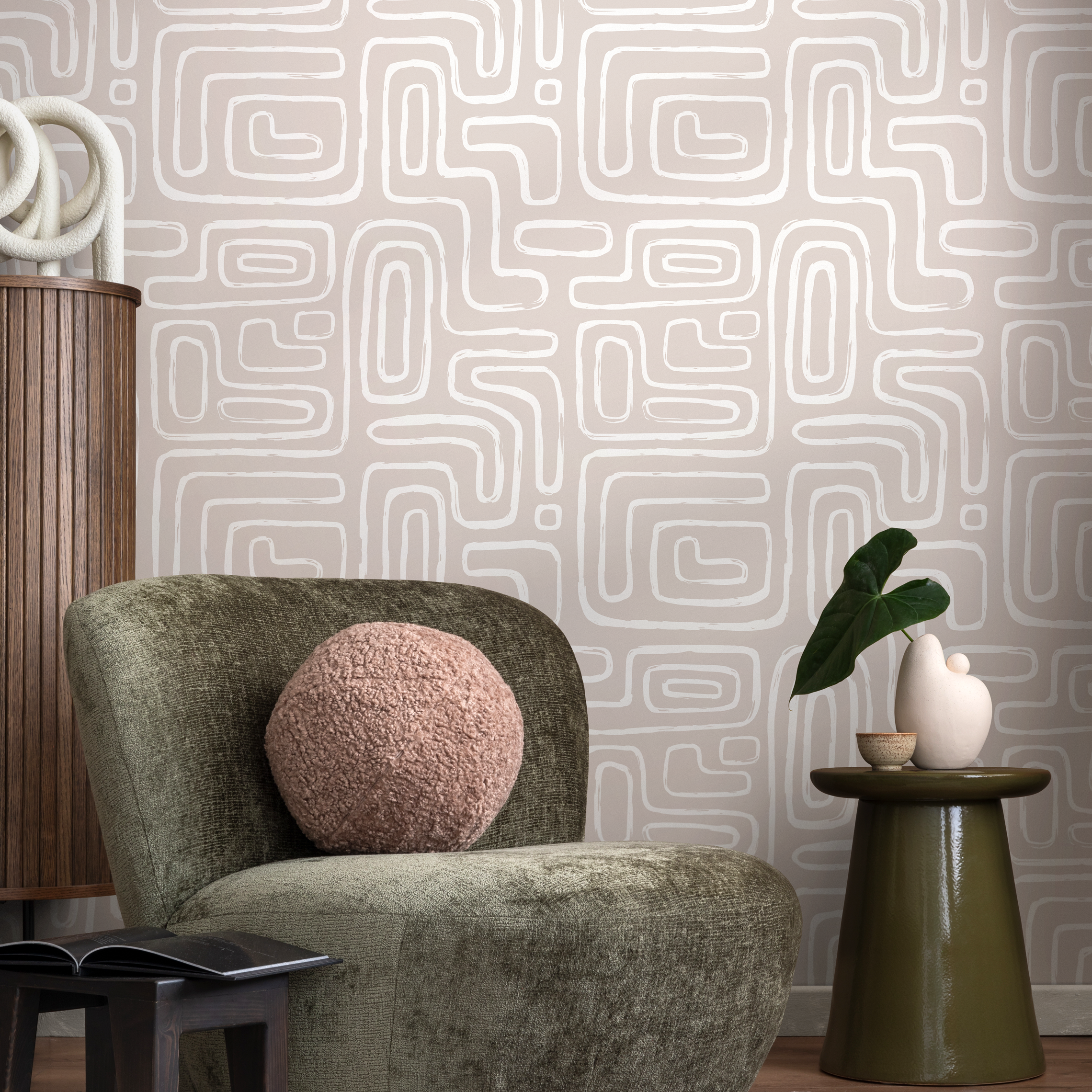 Abstract Wallpaper With Rounded Brush Stroke Lines In Beige And Cream - Zaag