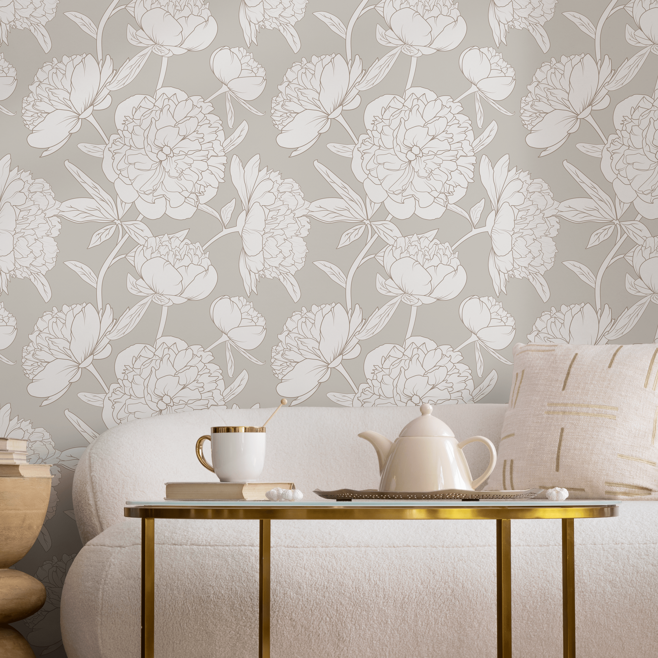 Floral Wallpaper With A Minimalist Peony Motif In Grey, Taupe, And White - Zaak