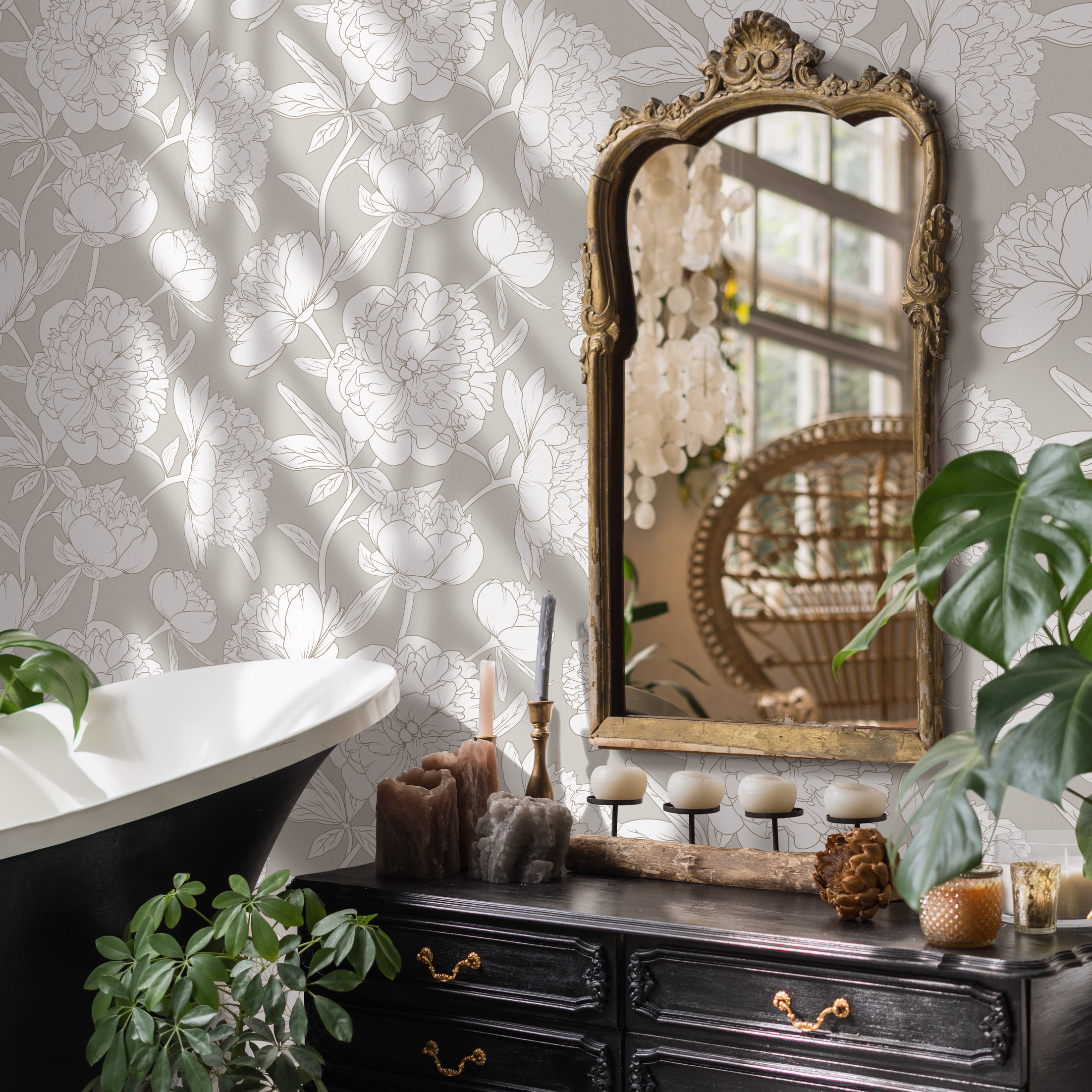 Floral Wallpaper With A Minimalist Peony Motif In Grey, Taupe, And White - Zaak