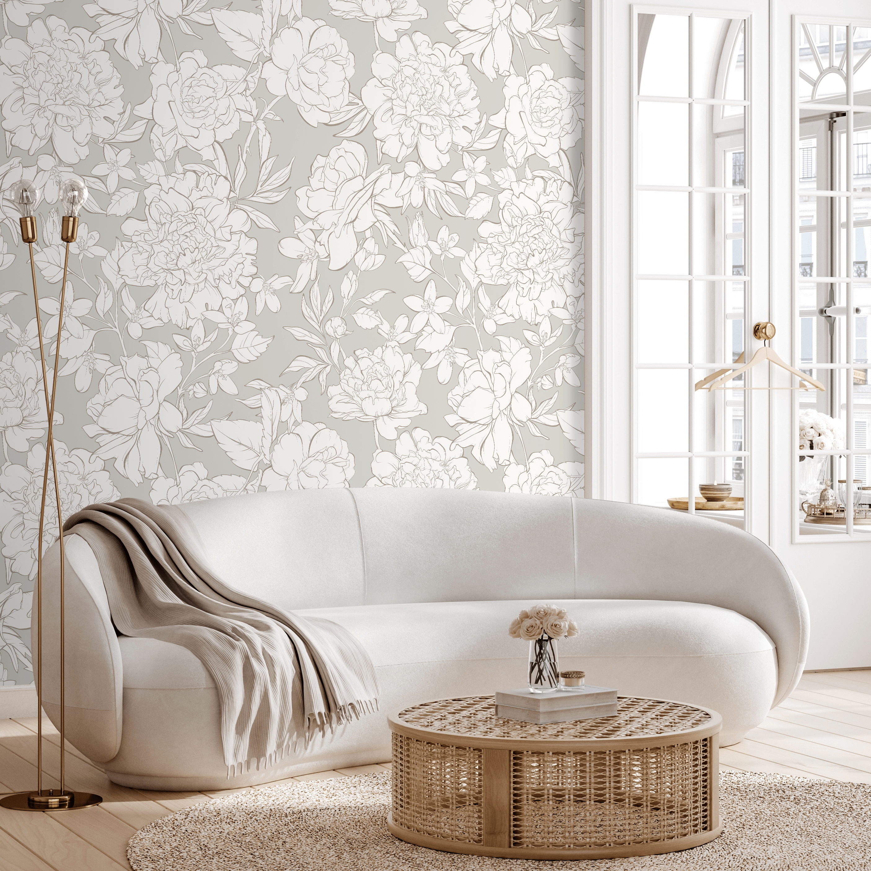 Floral Wallpaper With Peony And Blossom Outlines In Greige And Off-white - Zaam
