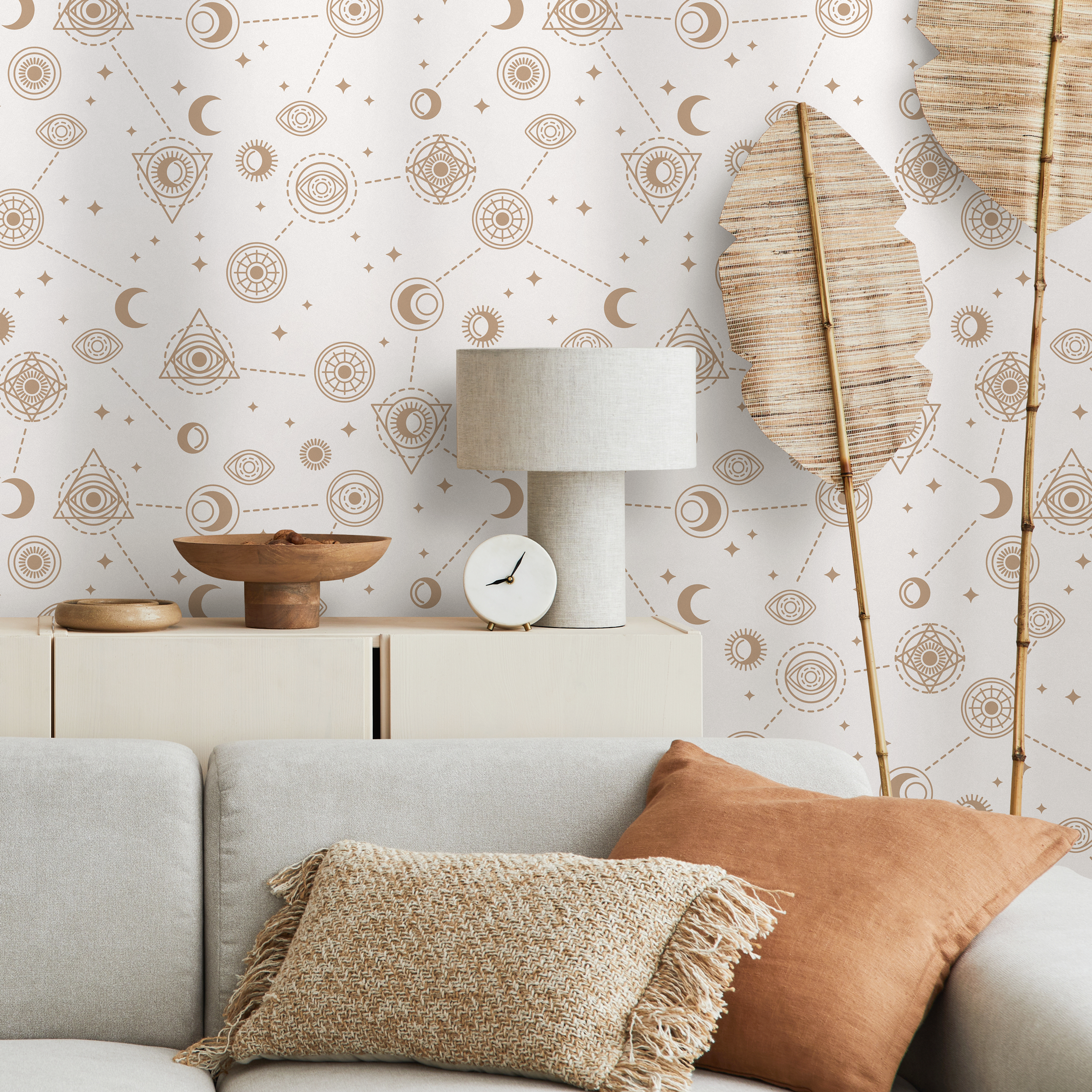 Celestial Wallpaper With Mystical Eye And Moon Motifs In Gold And Beige - Zaao