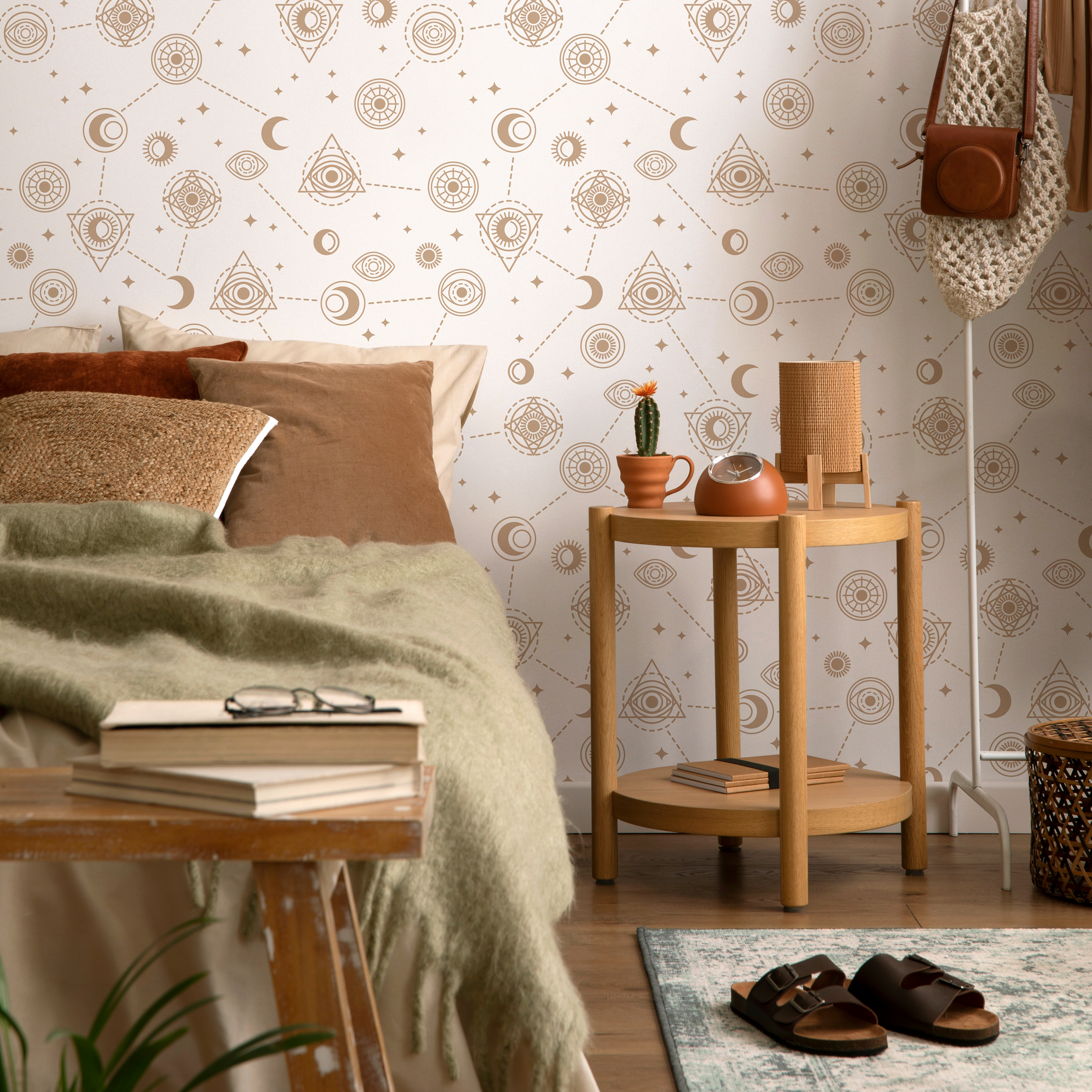 Celestial Wallpaper With Mystical Eye And Moon Motifs In Gold And Beige - Zaao