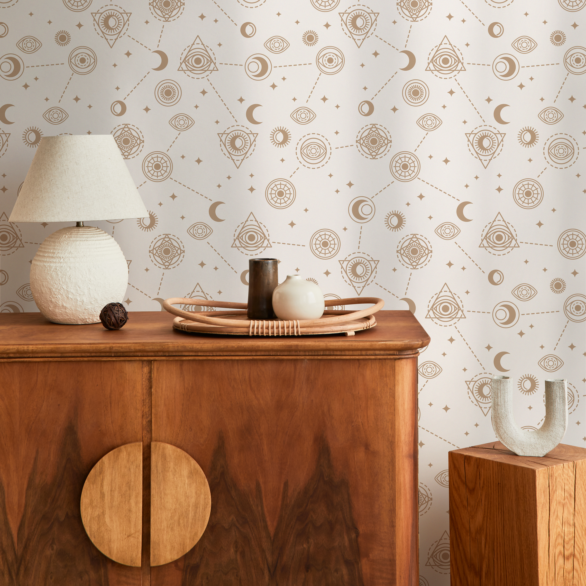 Celestial Wallpaper With Mystical Eye And Moon Motifs In Gold And Beige - Zaao