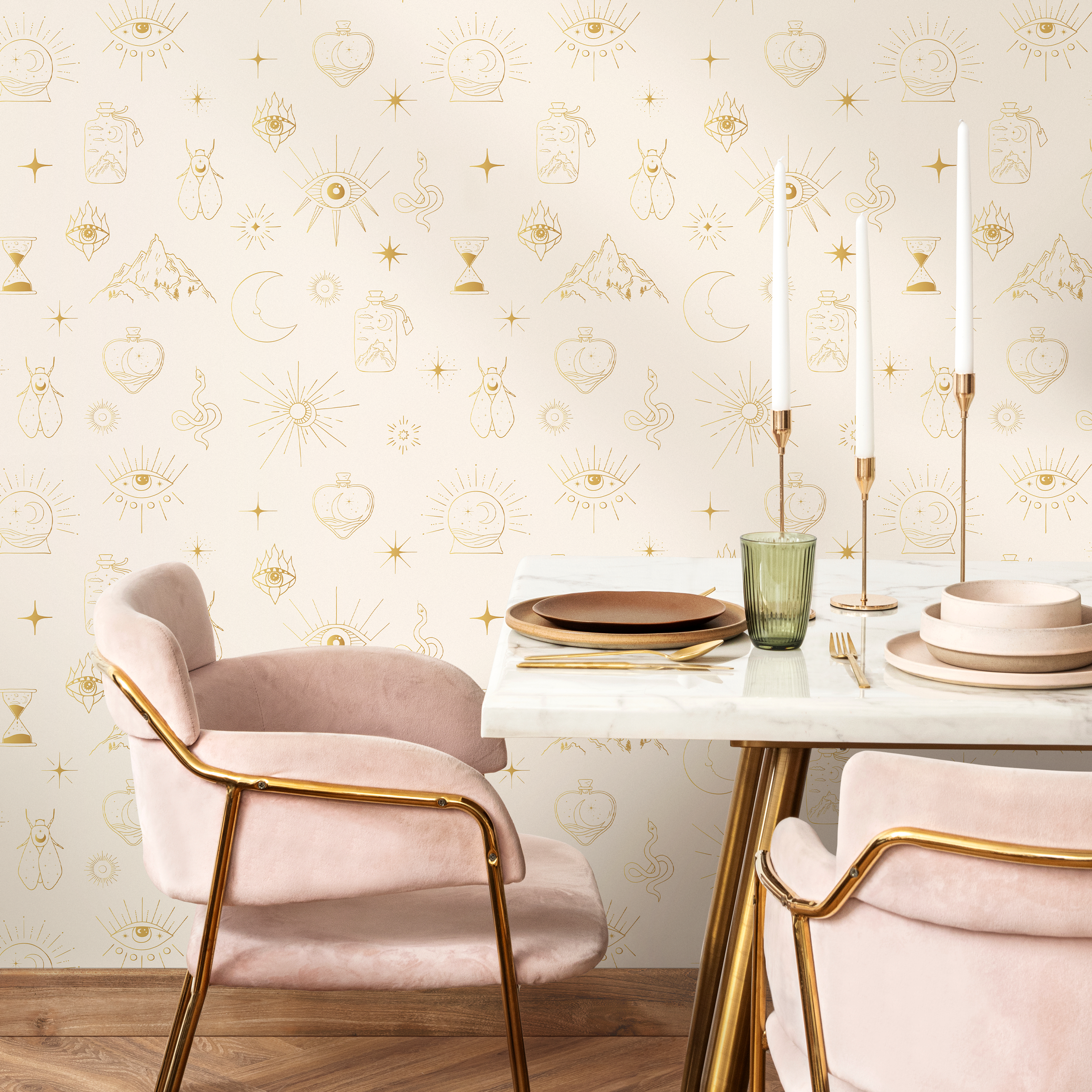 Mystical Wallpaper With Celestial Symbols In Gold - Zaap