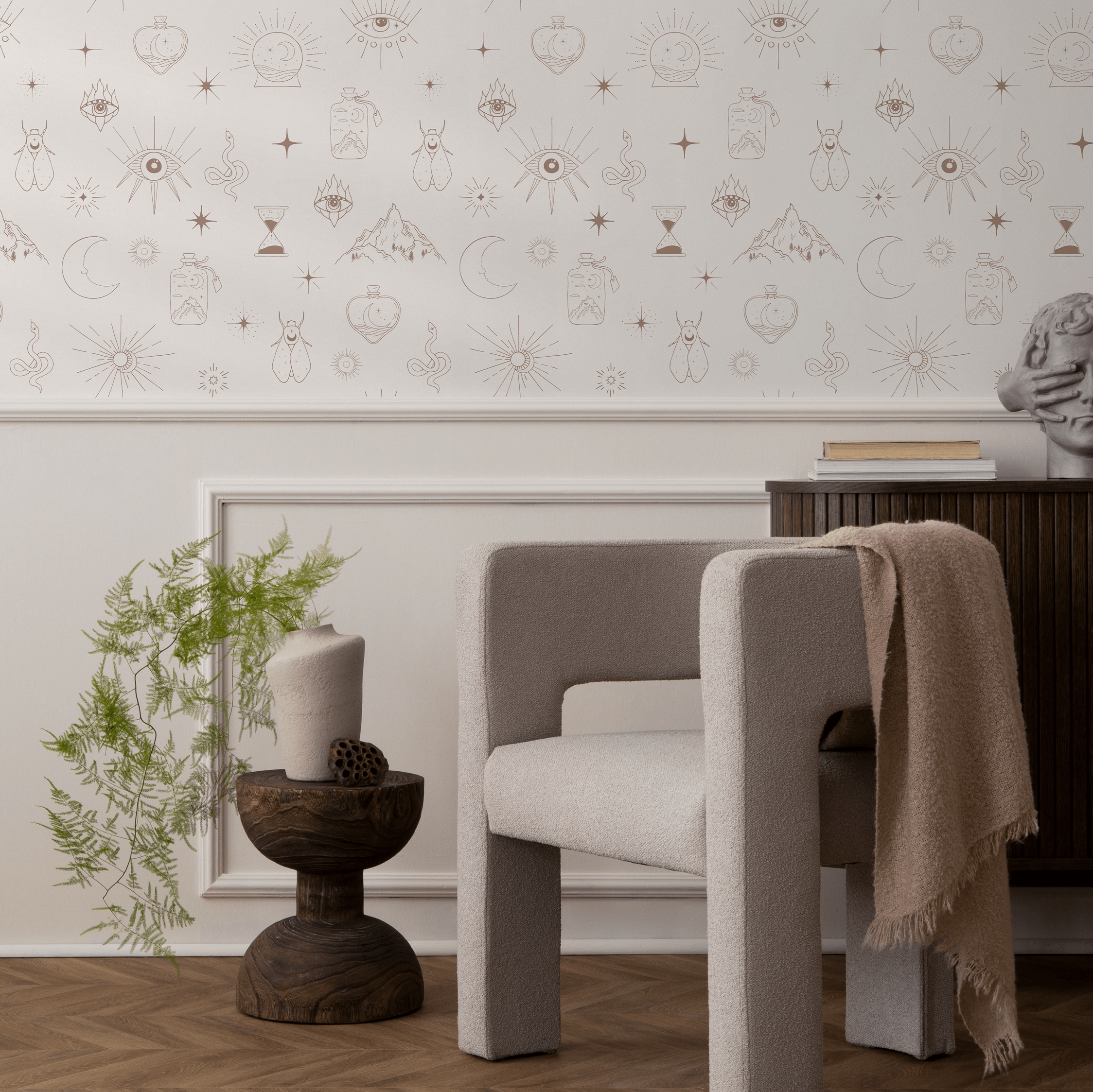Mystical Wallpaper With Celestial And Esoteric Motifs In Brown - Zaaq