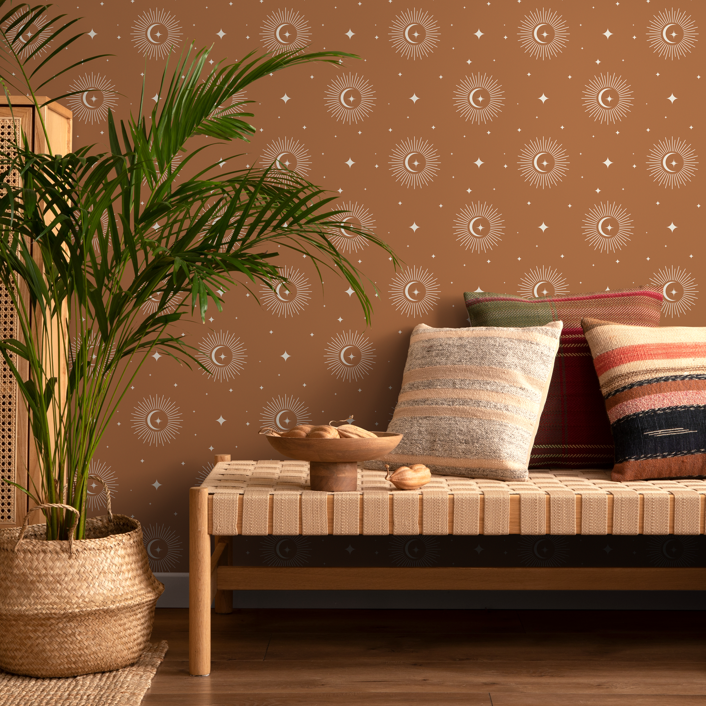 Celestial Wallpaper Featuring Suns And Moons In Terracotta And White - Zaar