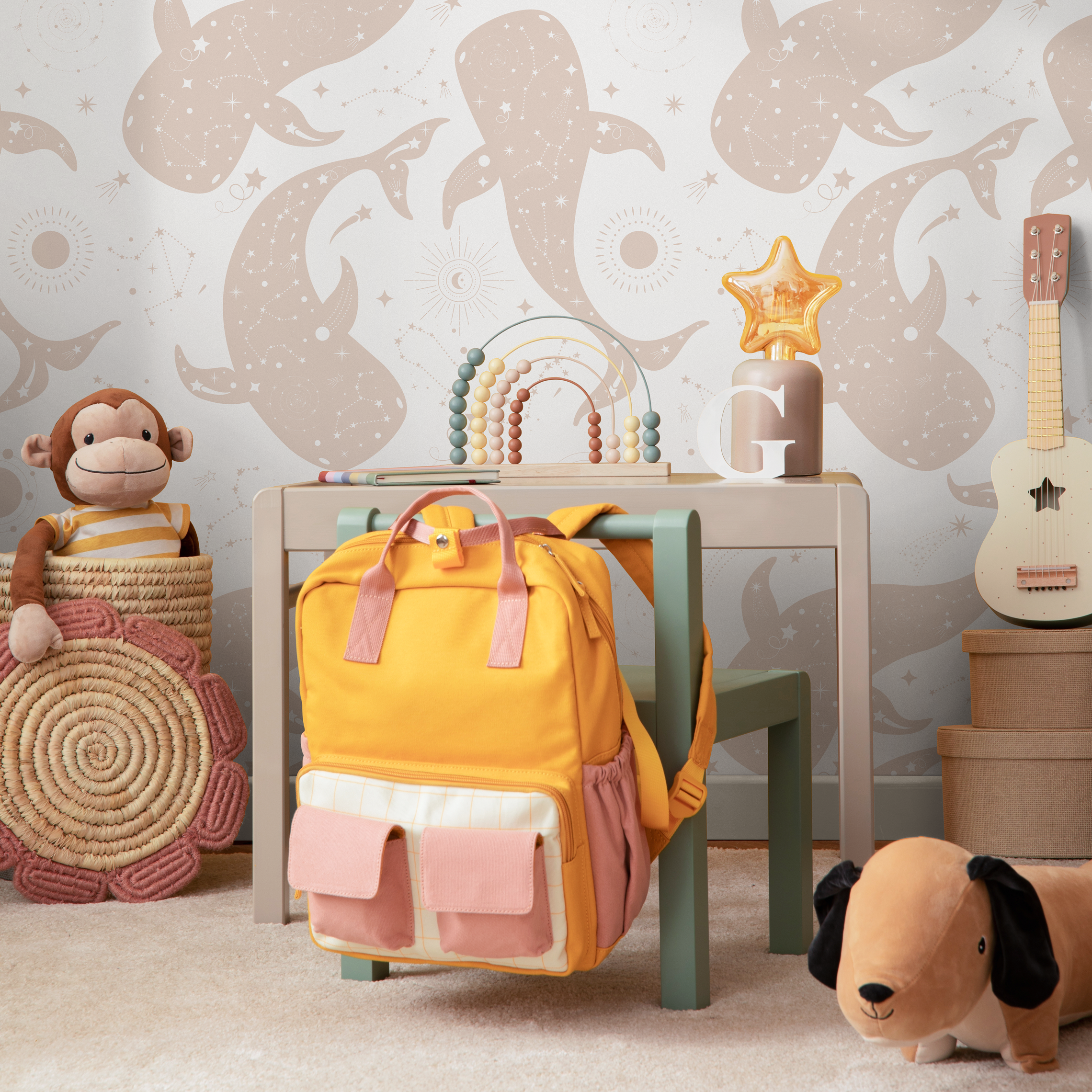 Celestial Wallpaper With Cosmic Whales And Constellations In Beige - Zaas