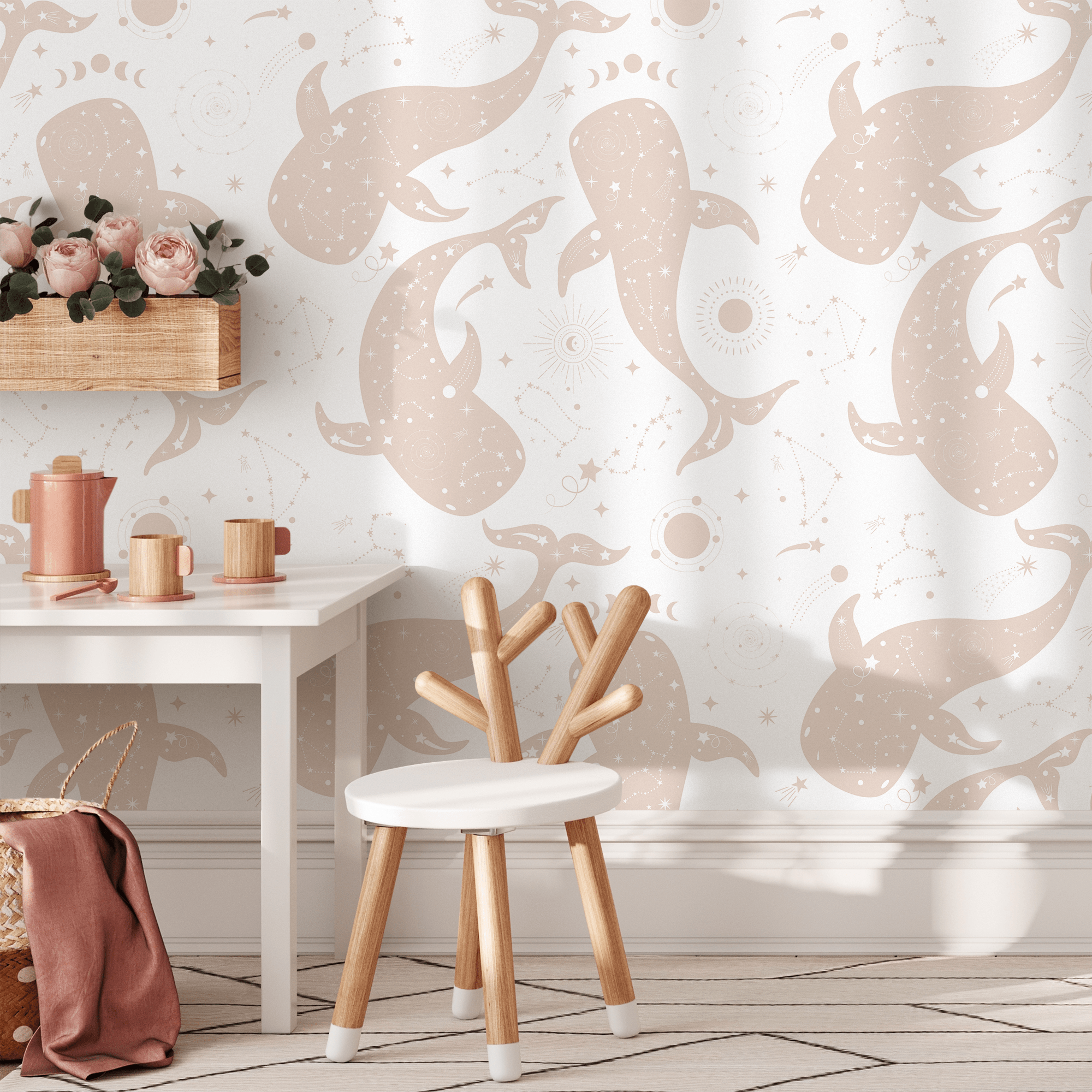 Celestial Wallpaper With Cosmic Whales And Constellations In Beige - Zaas