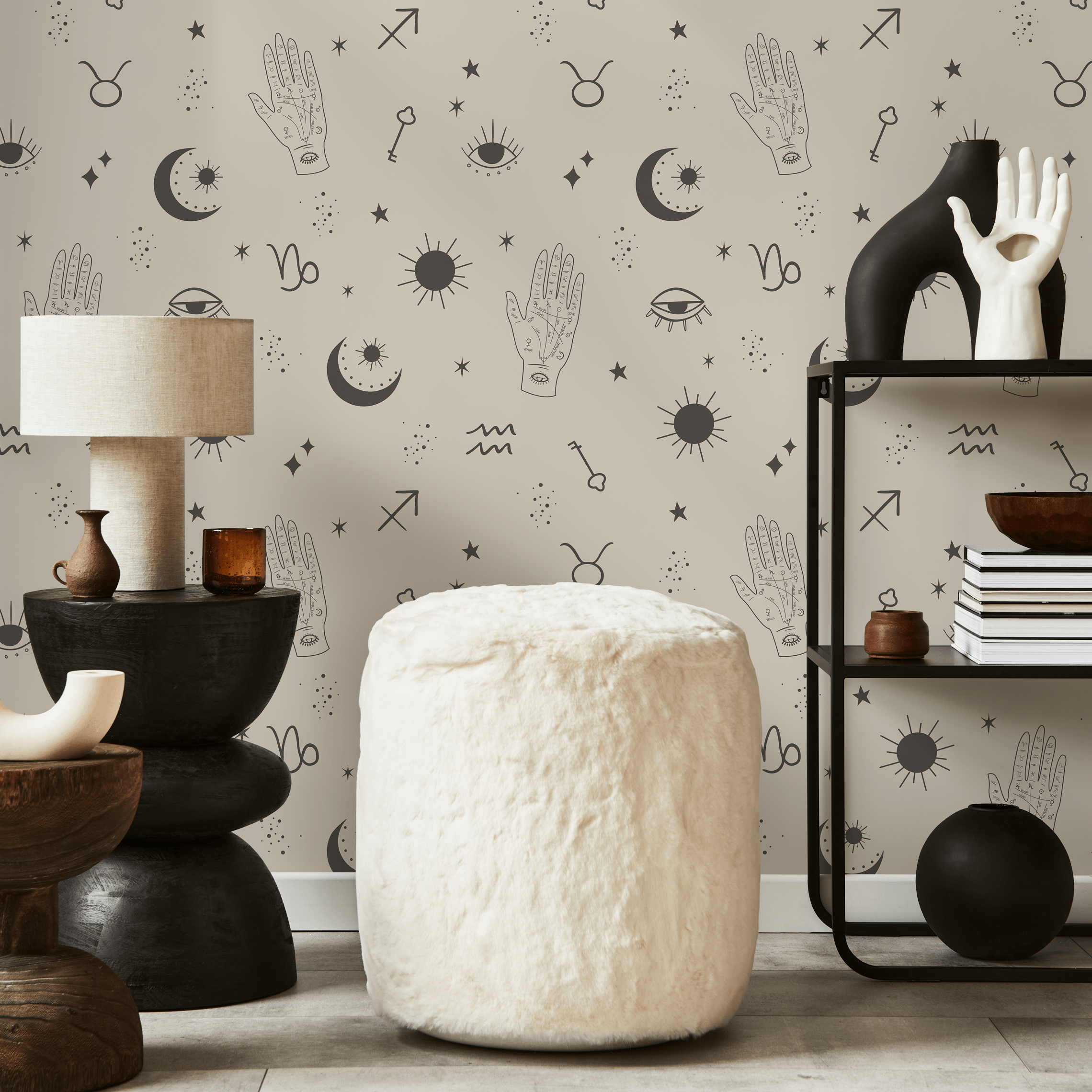Celestial Wallpaper With Zodiac And Mystical Symbols In Charcoal And Beige - Zaau