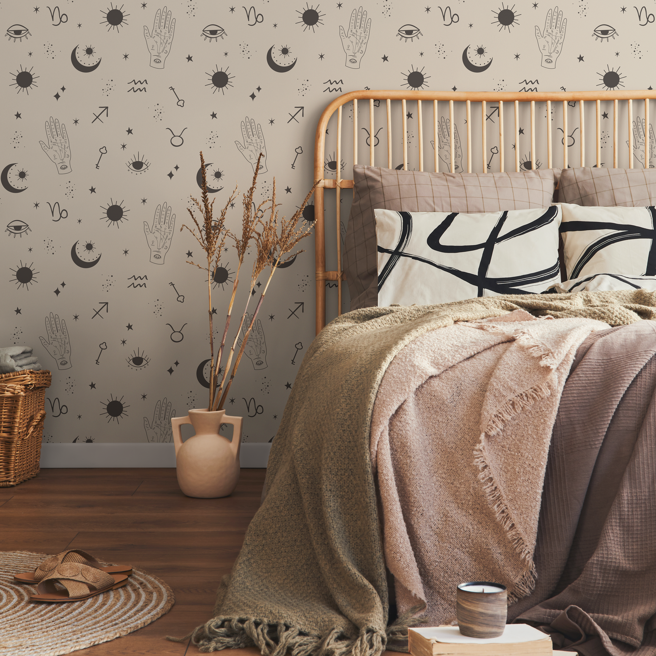 Celestial Wallpaper With Zodiac And Mystical Symbols In Charcoal And Beige - Zaau