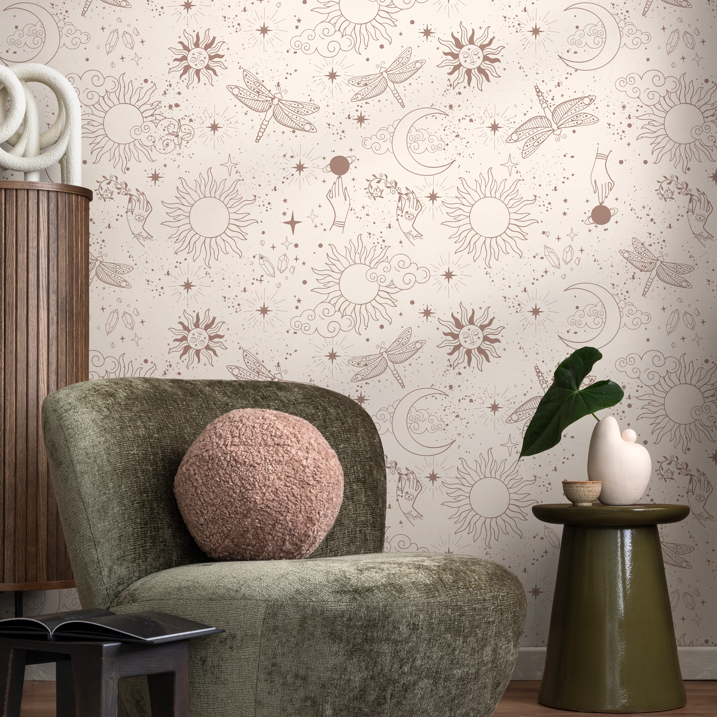 Celestial Wallpaper With Sun, Moon, And Dragonfly Motifs In Mauve - Zaav