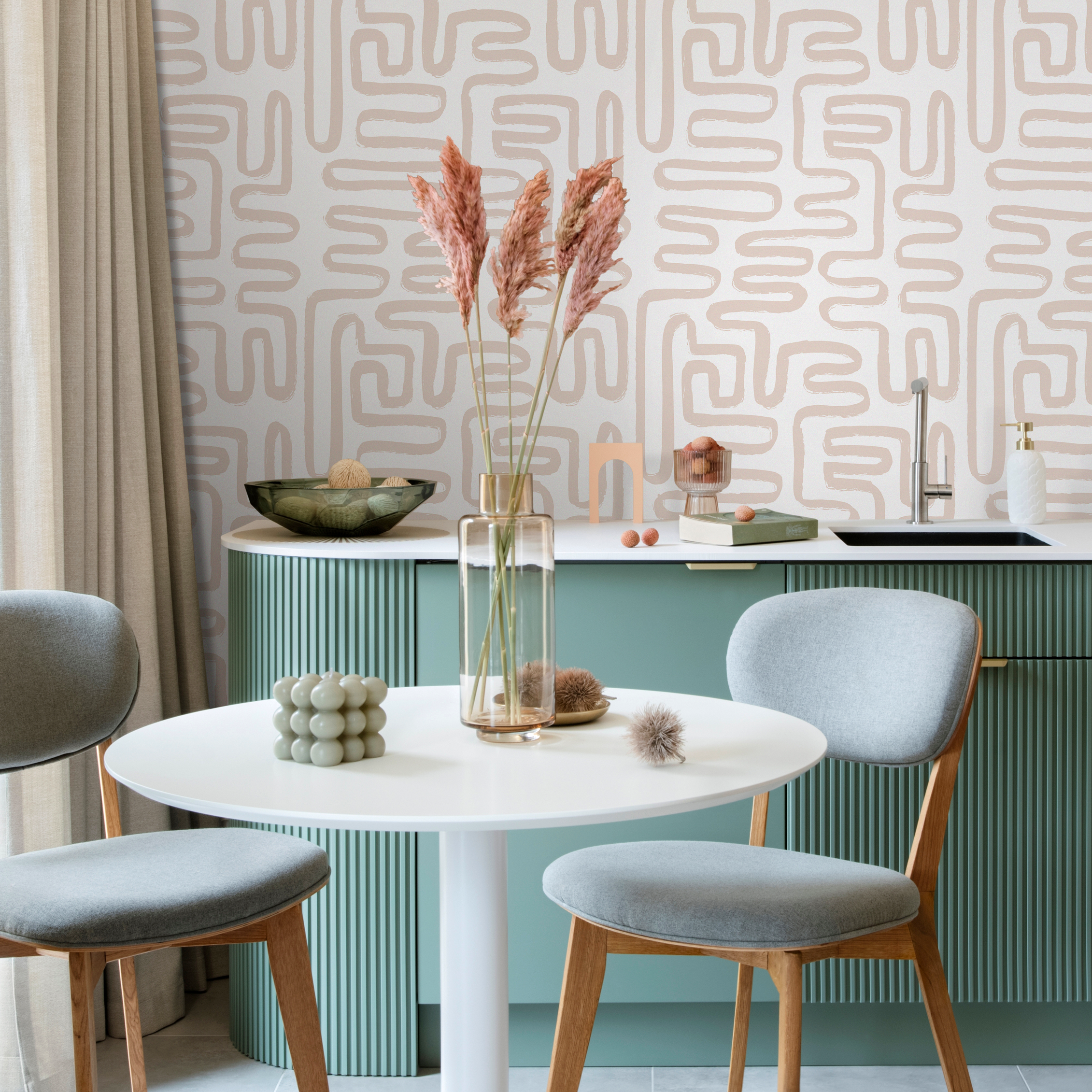 Seamless Rounded Lines Wallpaper Peel And Stick Removable Repositionable Neutral Minimalist Light Abstract Brush Strokes Boho Moderne - Zaaw