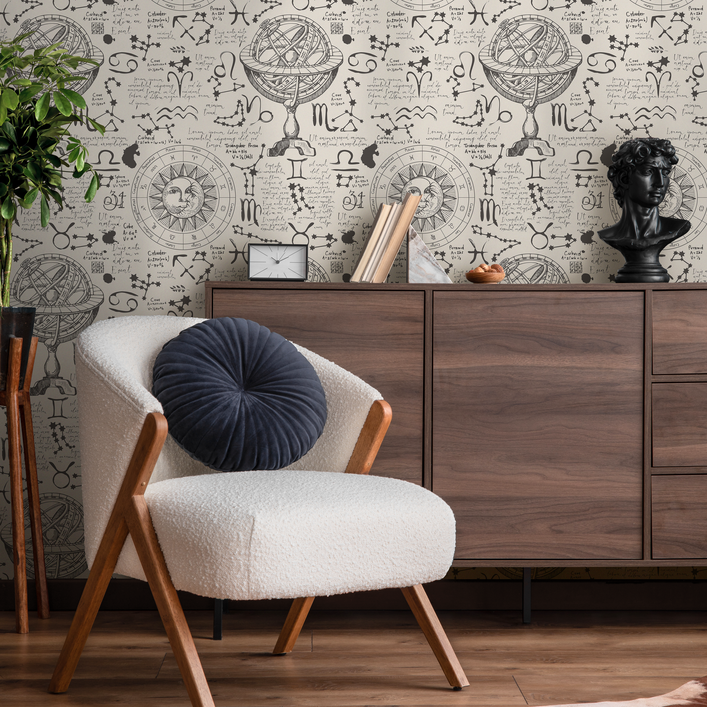 Astrology Wallpaper With Vintage Celestial Sketches In Black And Cream - Zaax