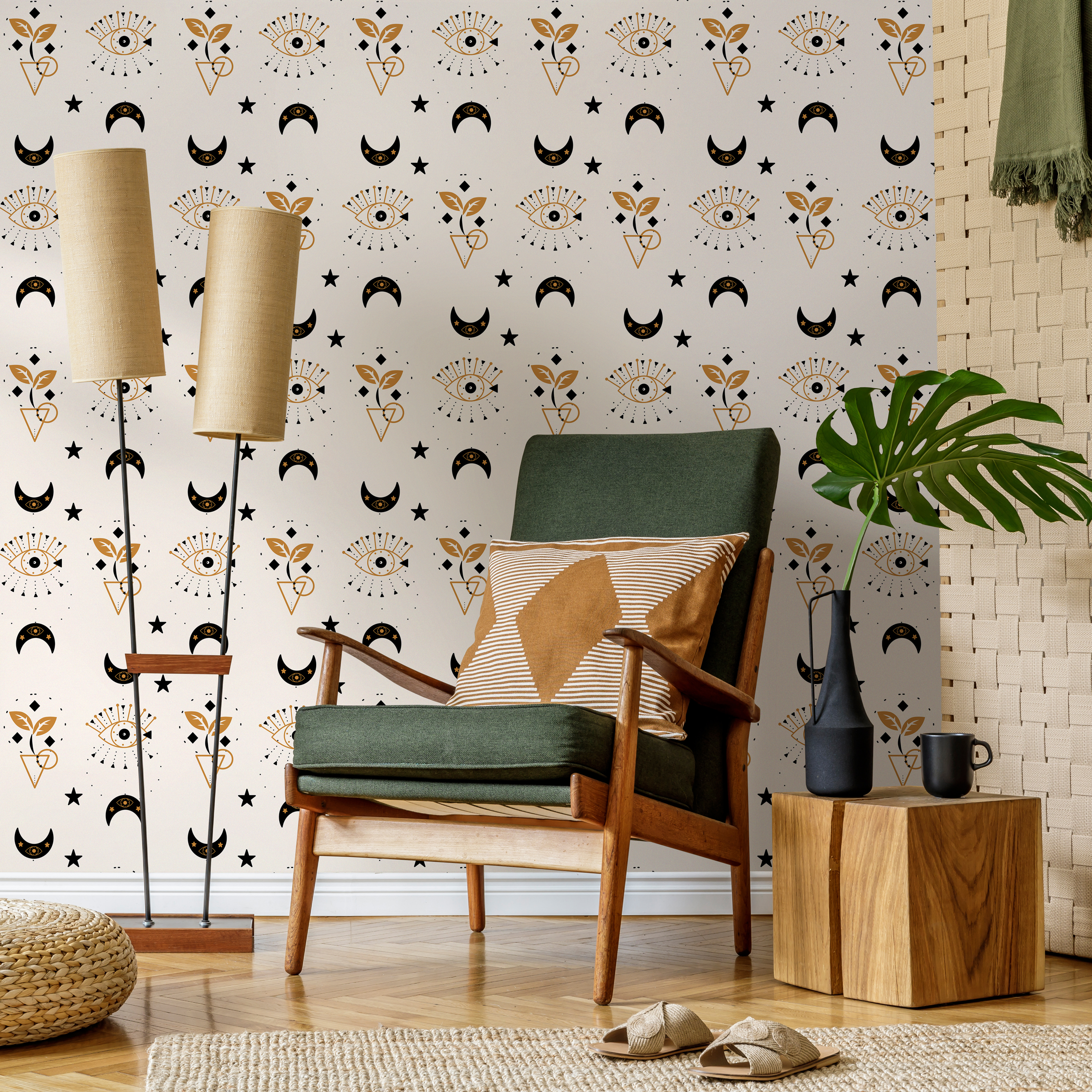 Mystical Wallpaper With Celestial Moons And All-seeing Eyes In Black And Gold - Zaay