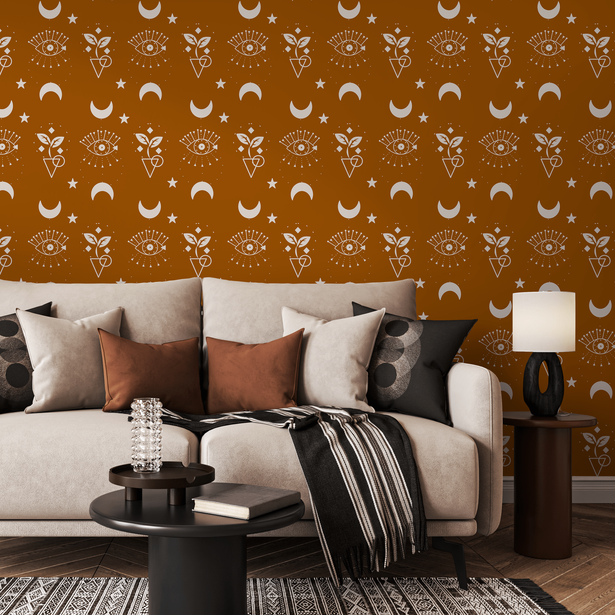 Mystical Wallpaper With Celestial Moons And Eyes In Brown And White - Zaaz