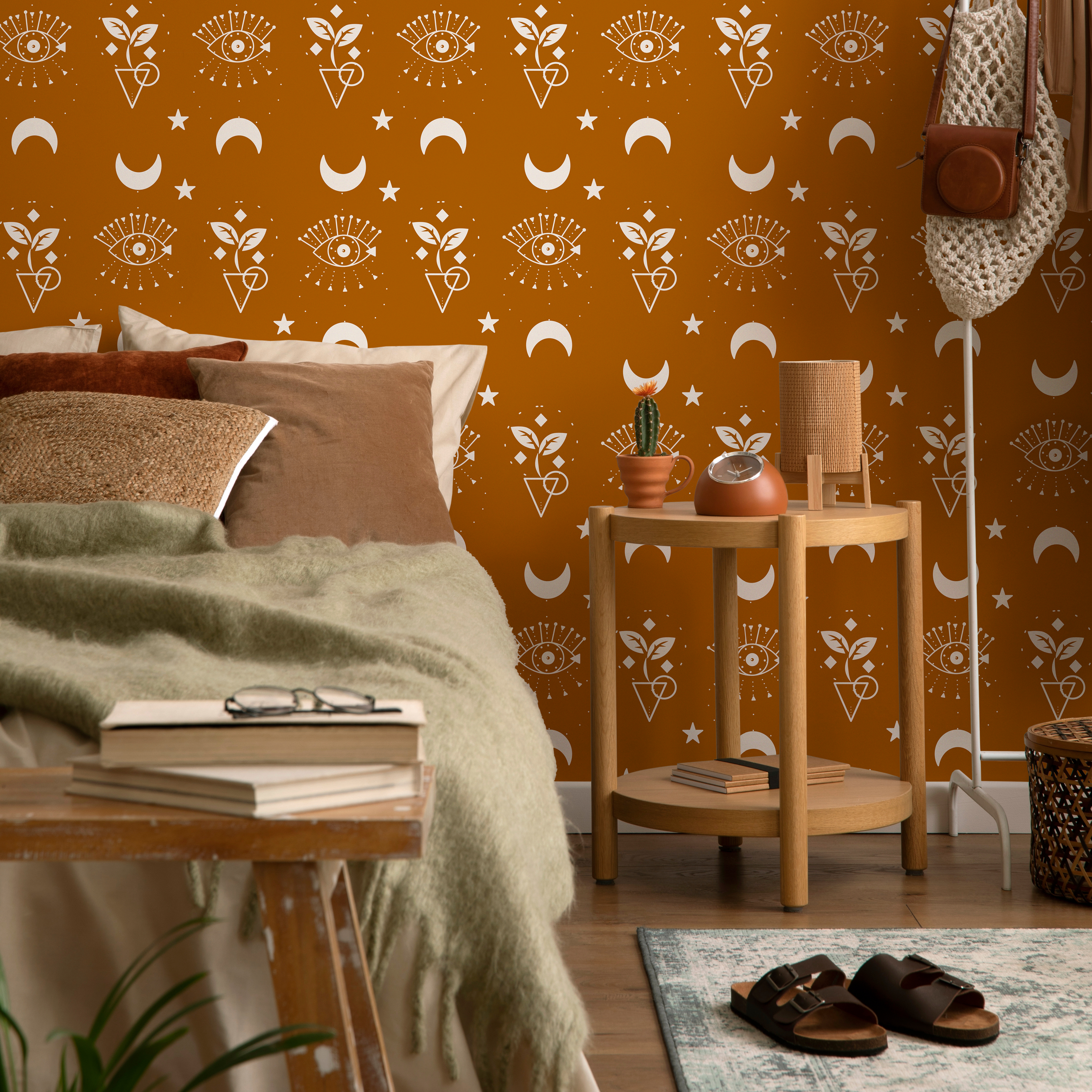 Mystical Wallpaper With Celestial Moons And Eyes In Brown And White - Zaaz