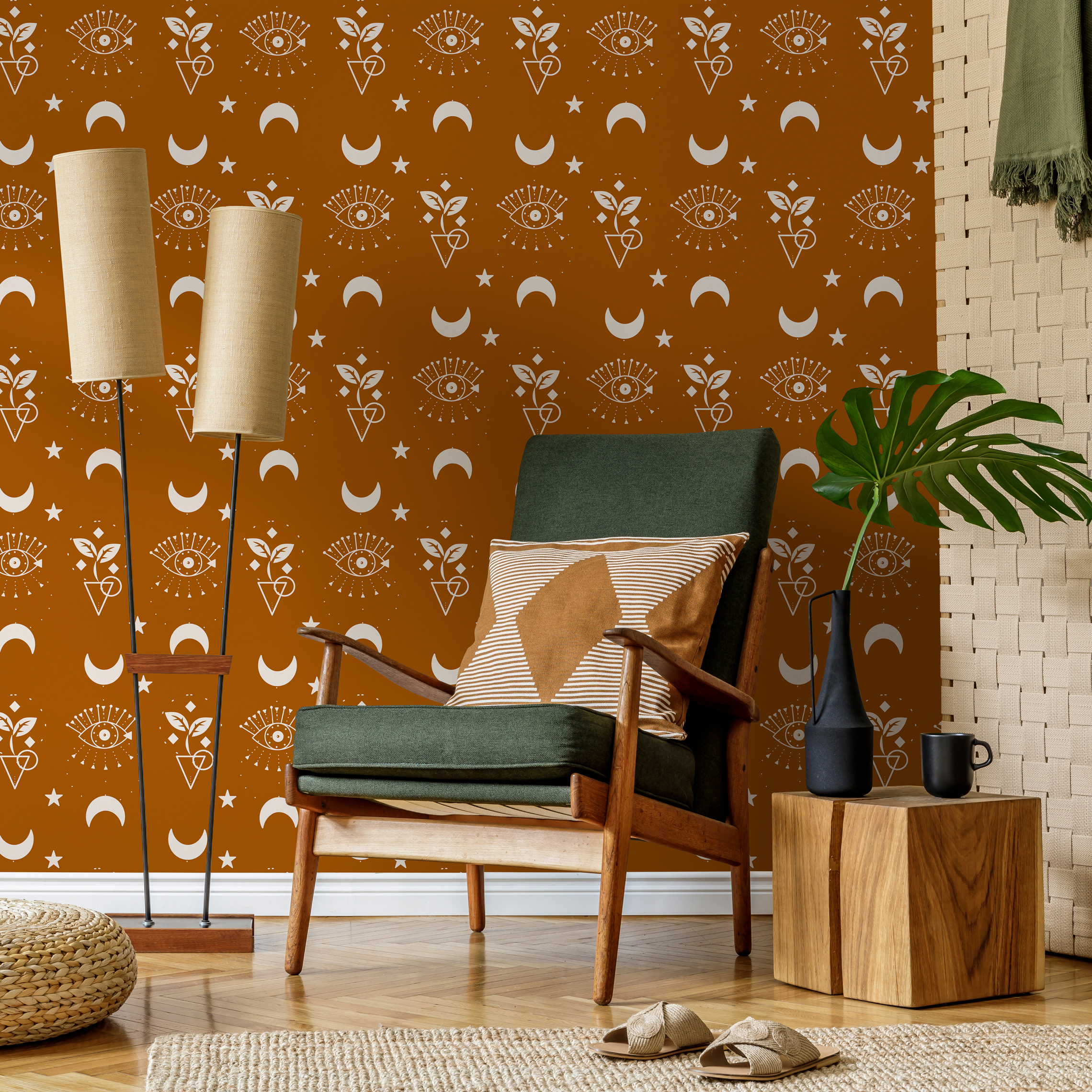 Mystical Wallpaper With Celestial Moons And Eyes In Brown And White - Zaaz