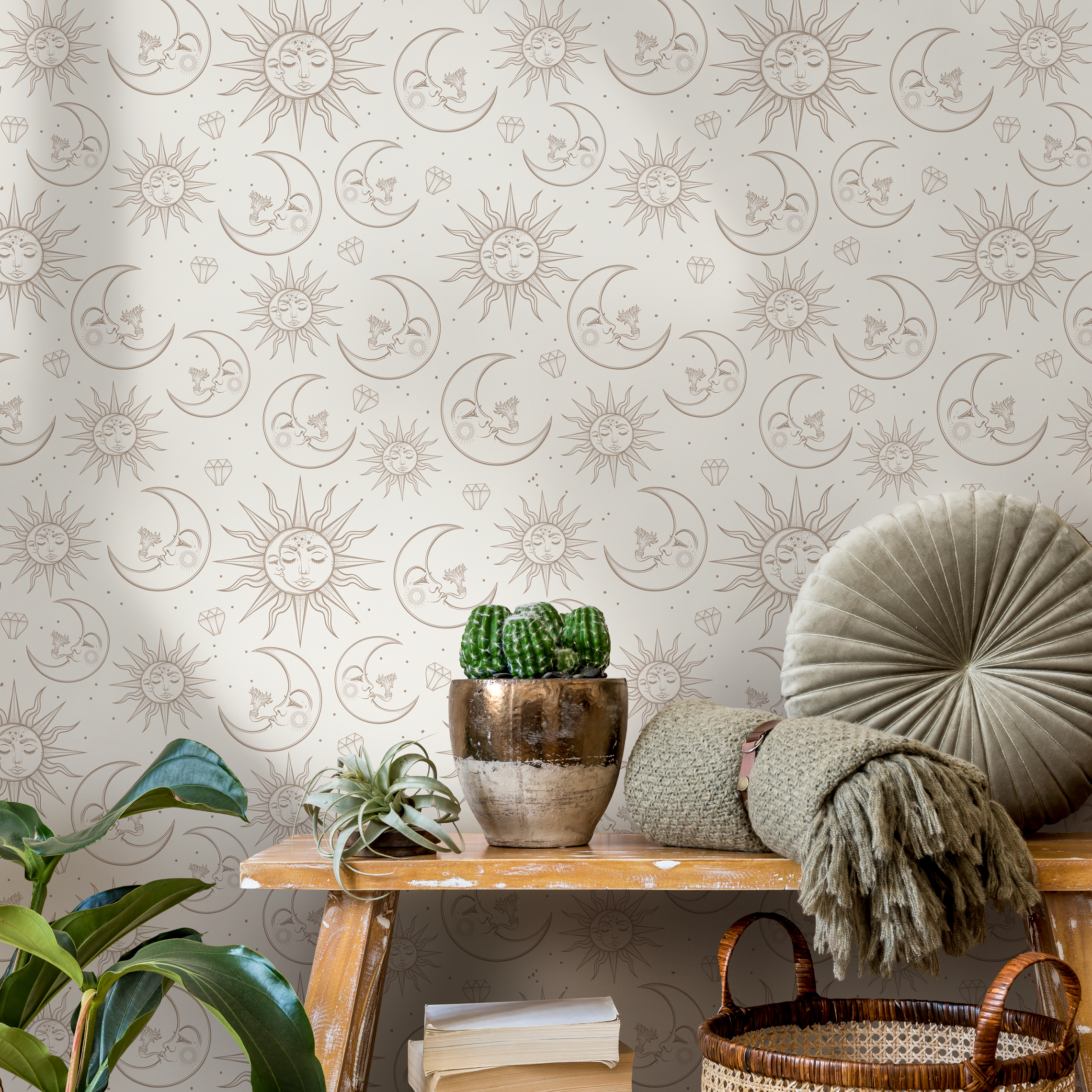 Celestial Wallpaper With Mystical Sun And Moon Motifs In Beige And Brown - Zaba