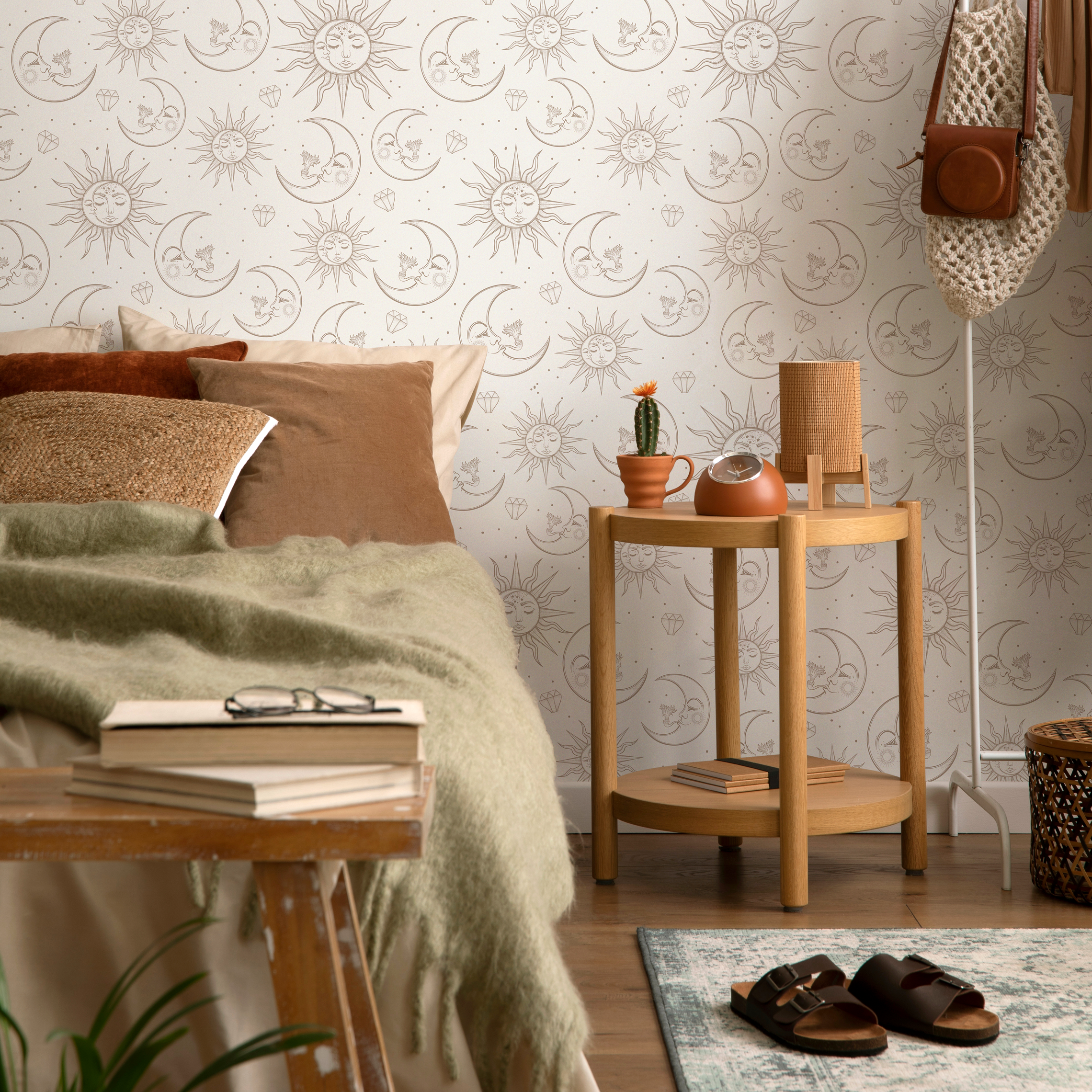Celestial Wallpaper With Mystical Sun And Moon Motifs In Beige And Brown - Zaba