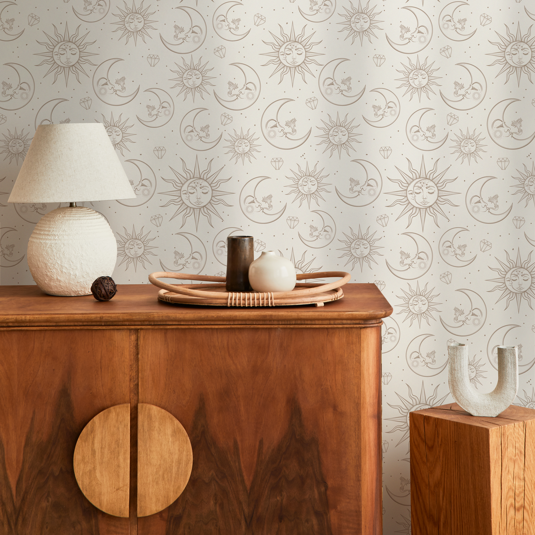 Celestial Wallpaper With Mystical Sun And Moon Motifs In Beige And Brown - Zaba