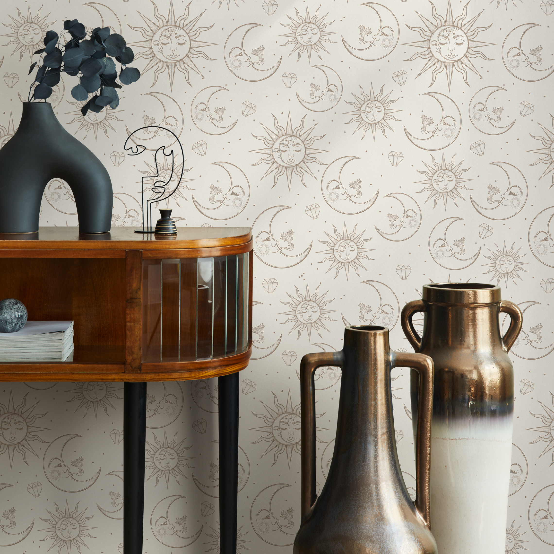 Celestial Wallpaper With Mystical Sun And Moon Motifs In Beige And Brown - Zaba