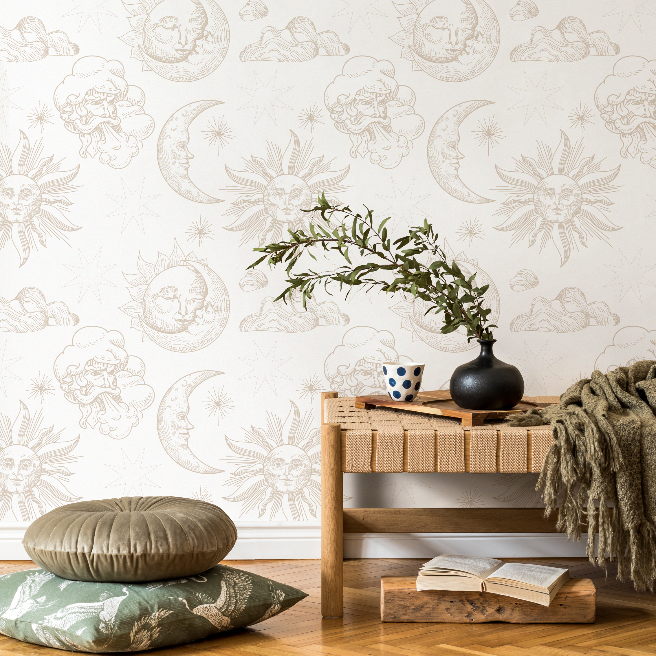 Celestial Wallpaper With Vintage Sun, Moon, And Cloud Illustrations In Beige - Zabb