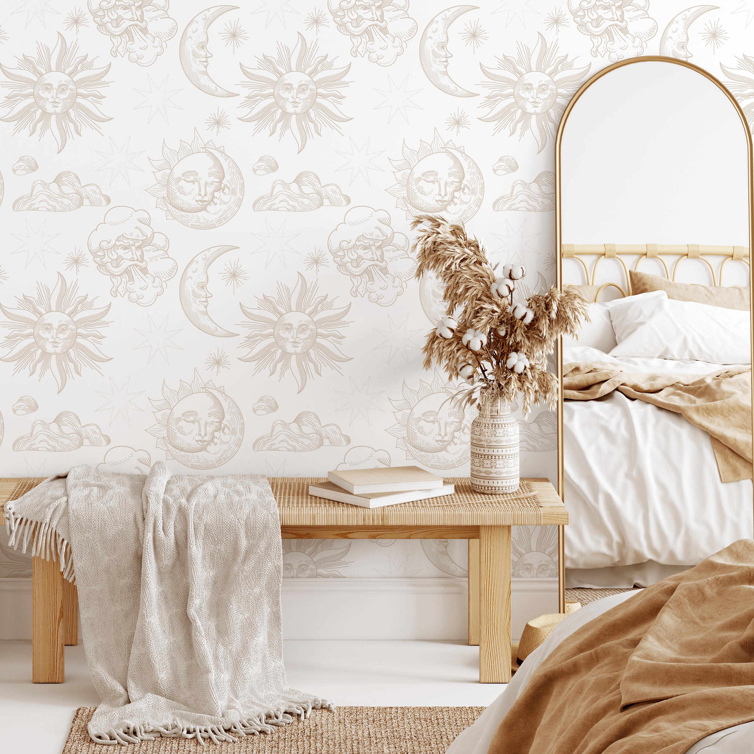 Celestial Wallpaper With Vintage Sun, Moon, And Cloud Illustrations In Beige - Zabb