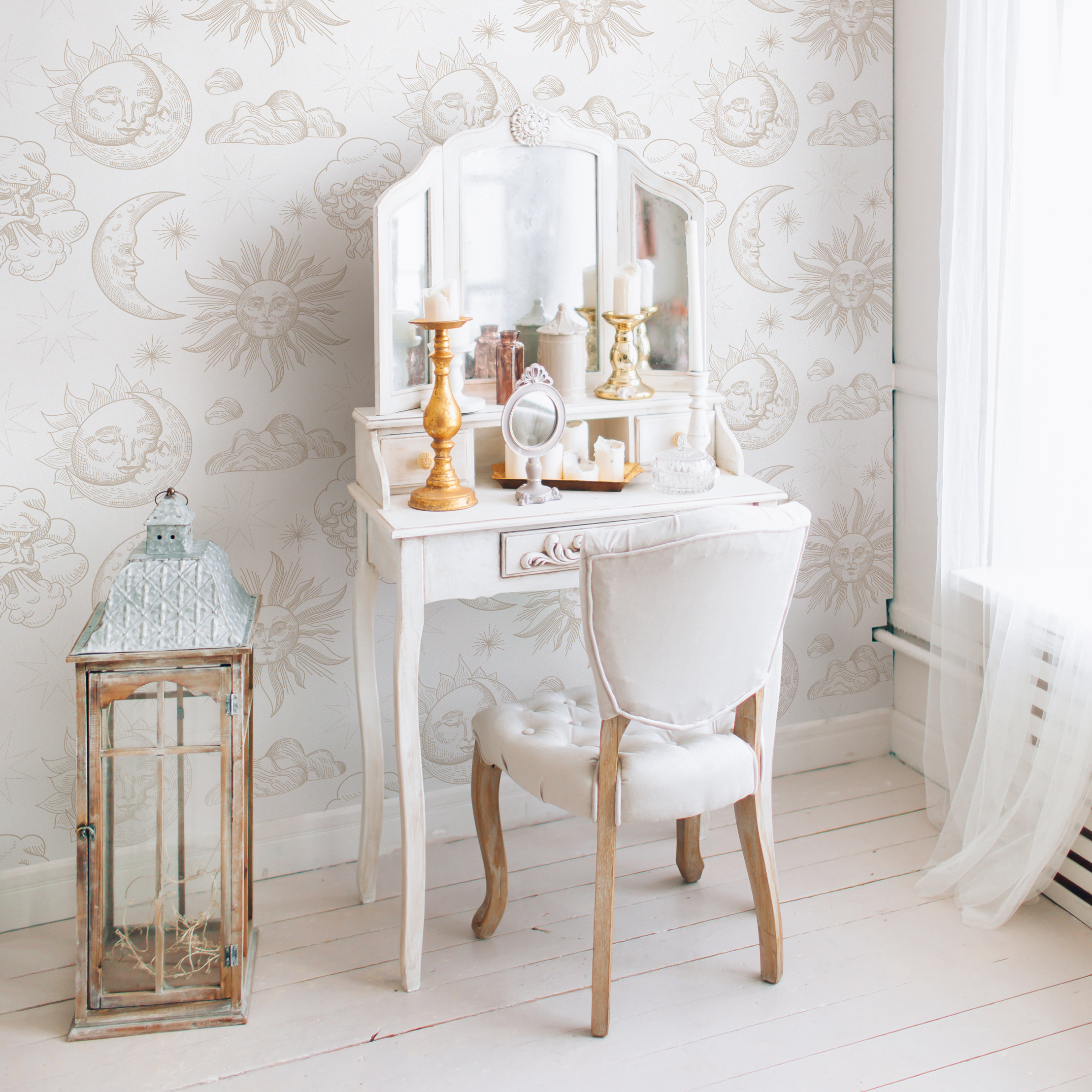 Celestial Wallpaper With Vintage Sun, Moon, And Cloud Illustrations In Beige - Zabb