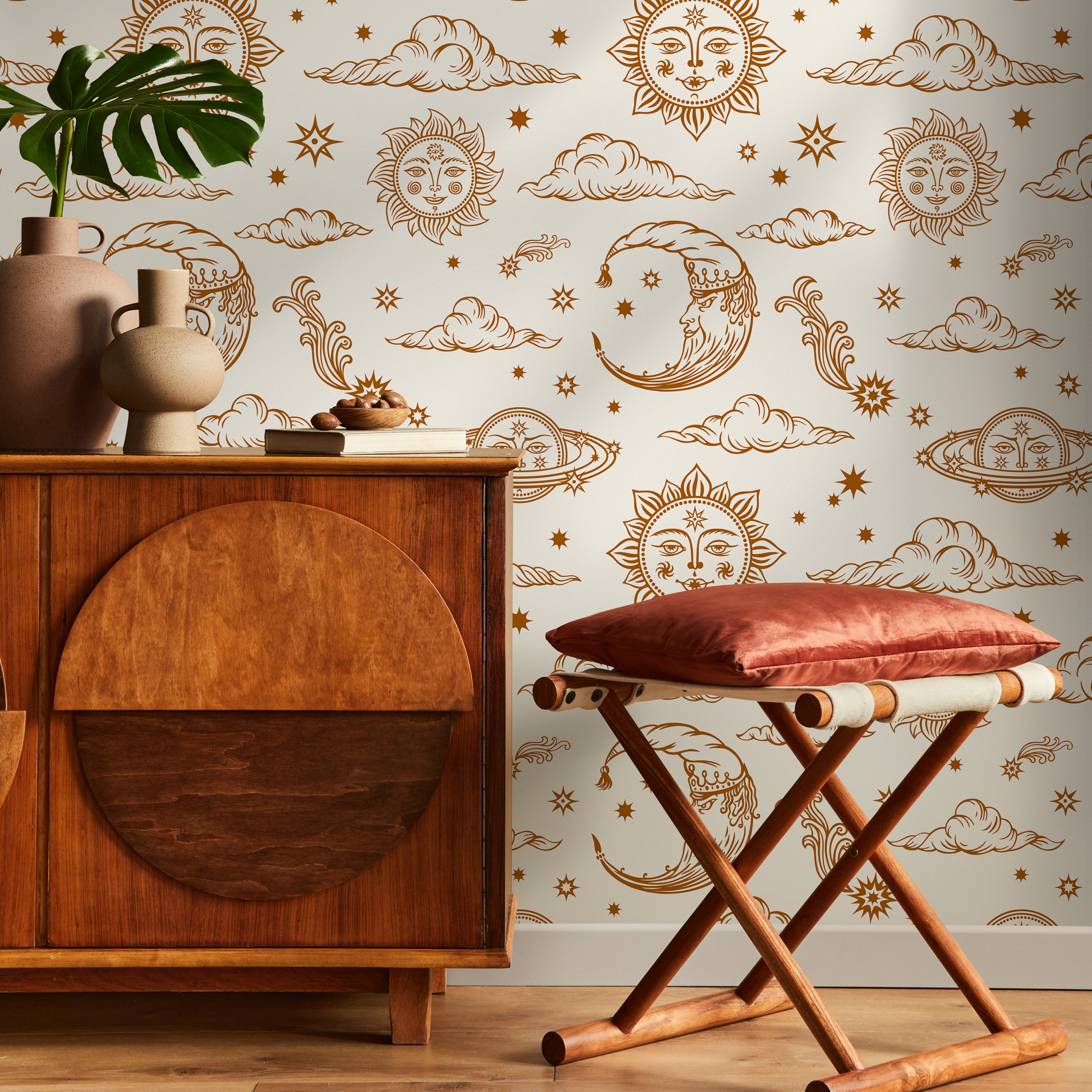 Celestial Wallpaper With Mystical Sun And Moon Motifs In Brown - Zabc
