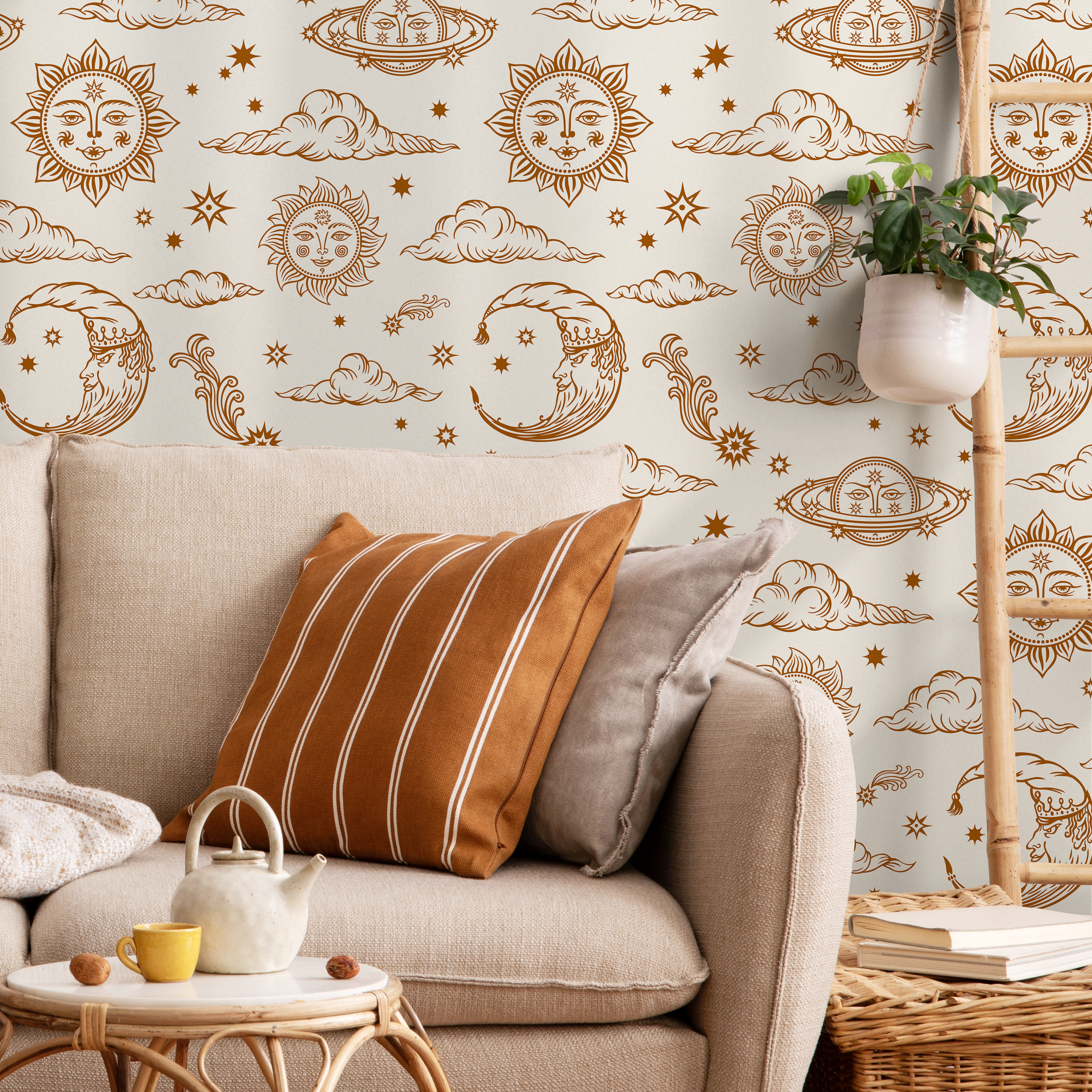 Celestial Wallpaper With Mystical Sun And Moon Motifs In Brown - Zabc