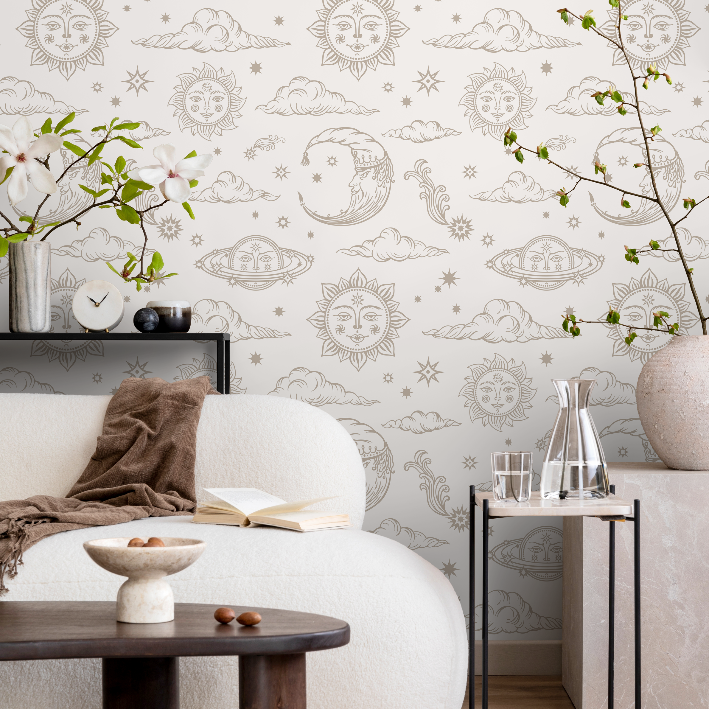 Celestial Wallpaper With Mystical Sun Moon And Stars In Light Brown - Zabd