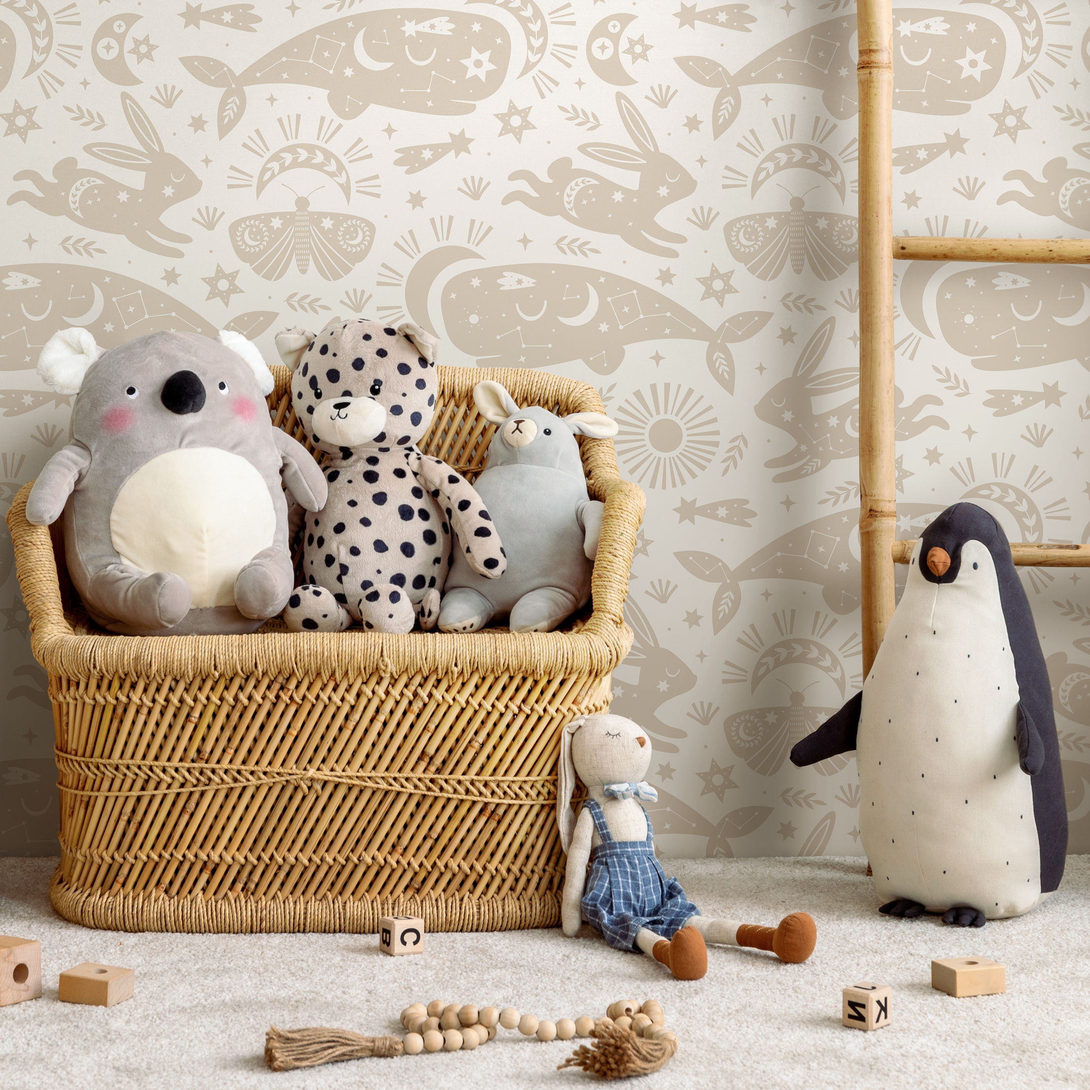 Celestial Wallpaper With Whimsical Animals In Neutral Beige - Zabe