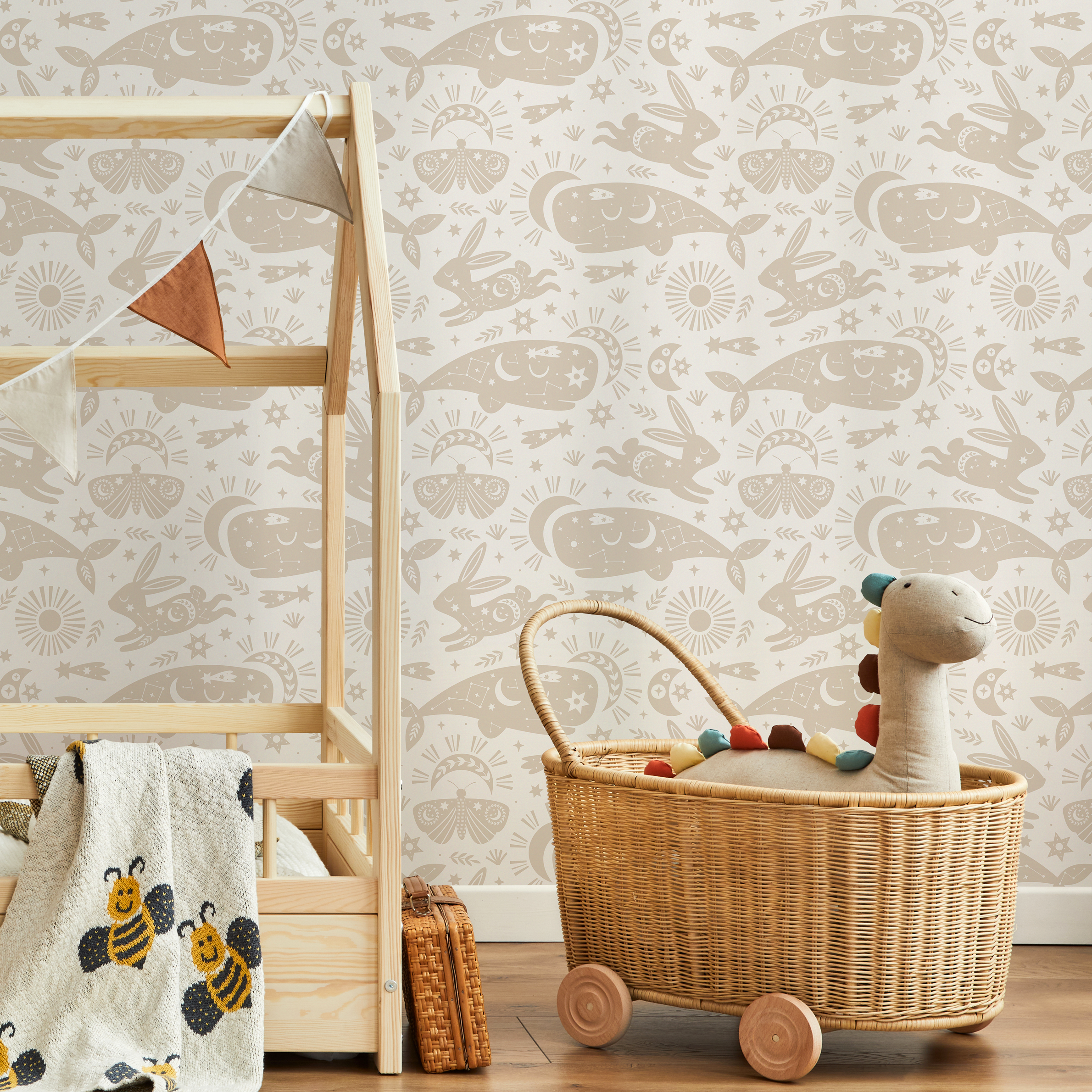 Celestial Wallpaper With Whimsical Animals In Neutral Beige - Zabe