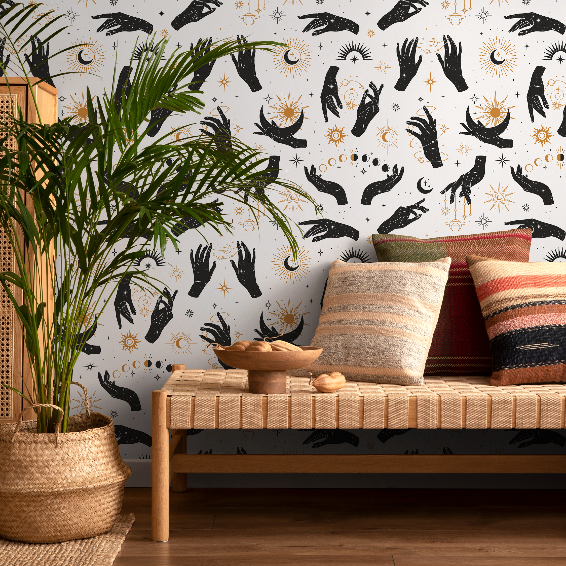 Celestial Wallpaper With Mystical Hands, Suns, And Moons In Black And Gold - Zabf