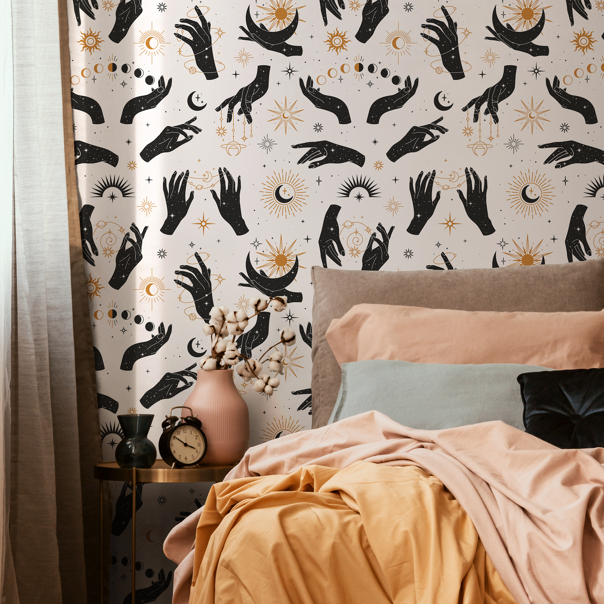 Celestial Wallpaper With Mystical Hands, Suns, And Moons In Black And Gold - Zabf