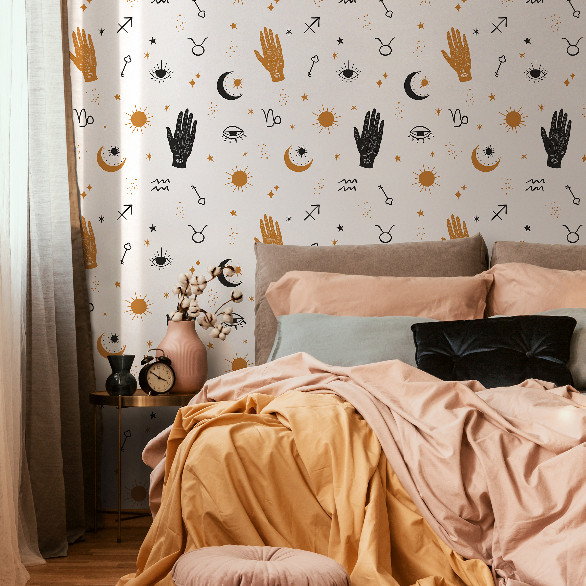 Celestial Wallpaper With Mystical Hands And Stars In Black And Gold - Zabi