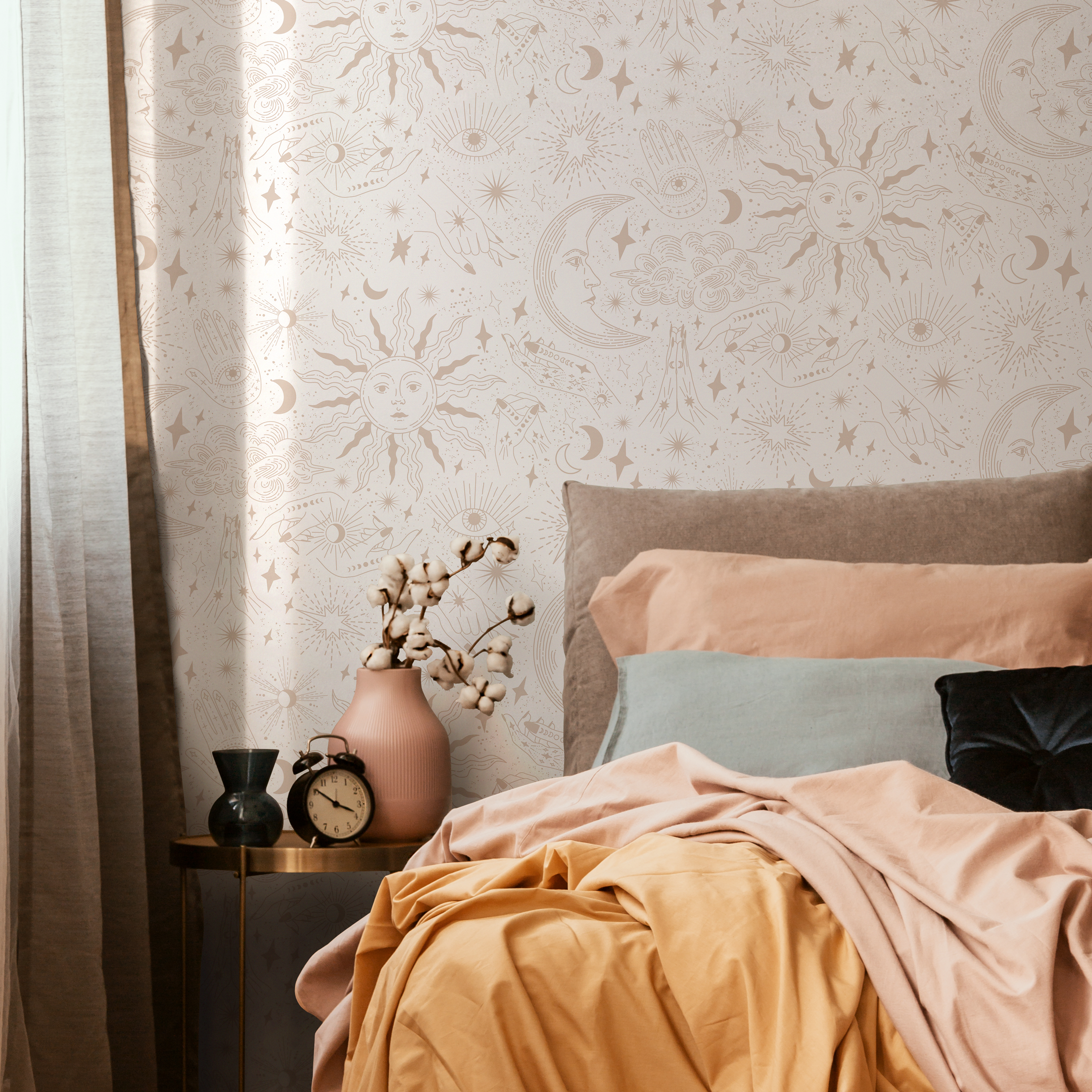 Celestial Wallpaper With Astral Sun, Moon, And Hand Illustrations In Beige - Zabk