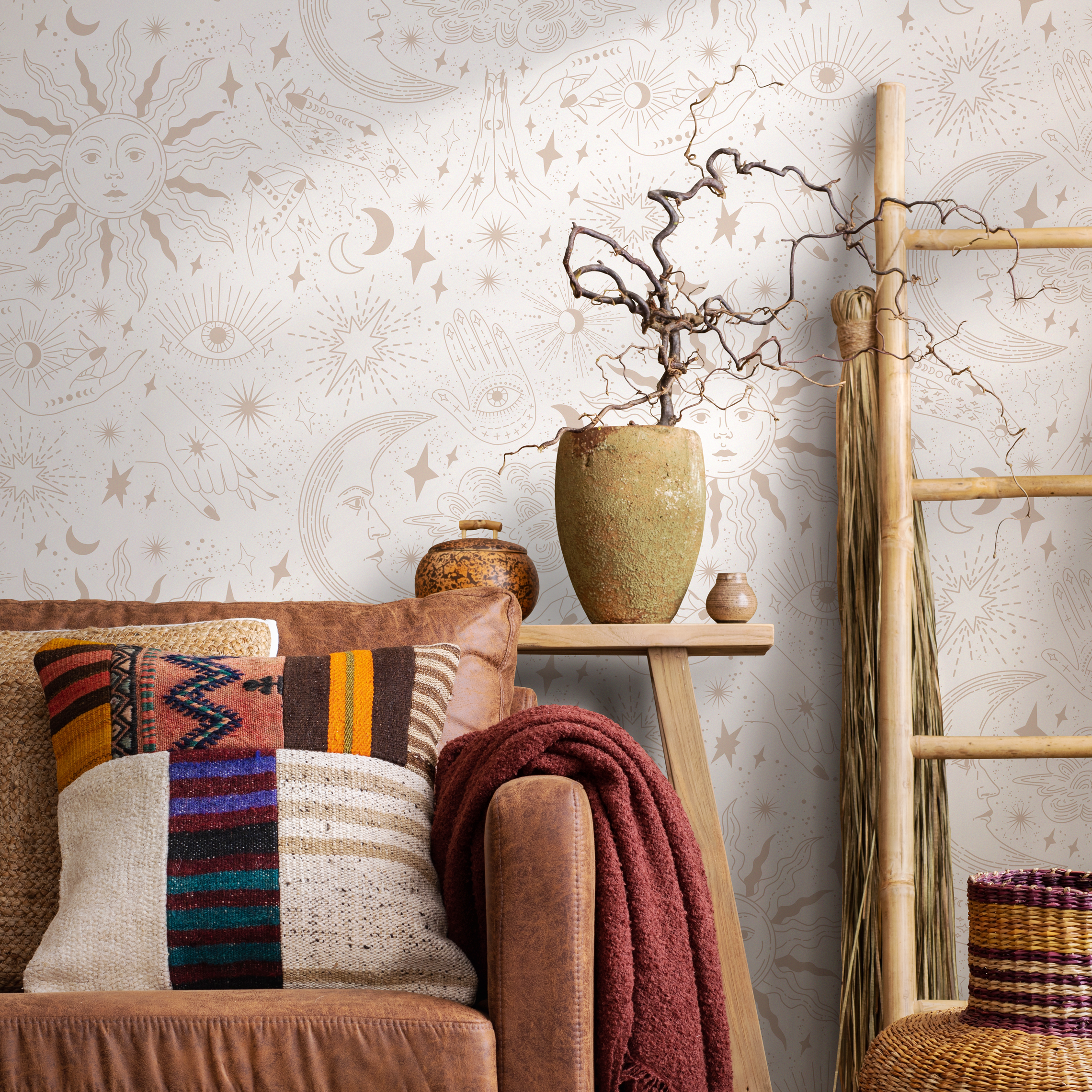 Celestial Wallpaper With Astral Sun, Moon, And Hand Illustrations In Beige - Zabk