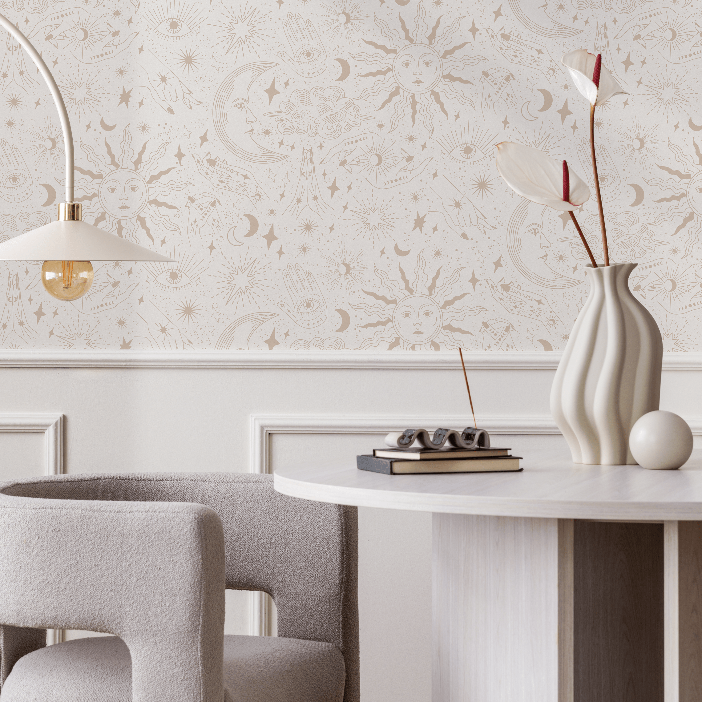 Celestial Wallpaper With Astral Sun, Moon, And Hand Illustrations In Beige - Zabk