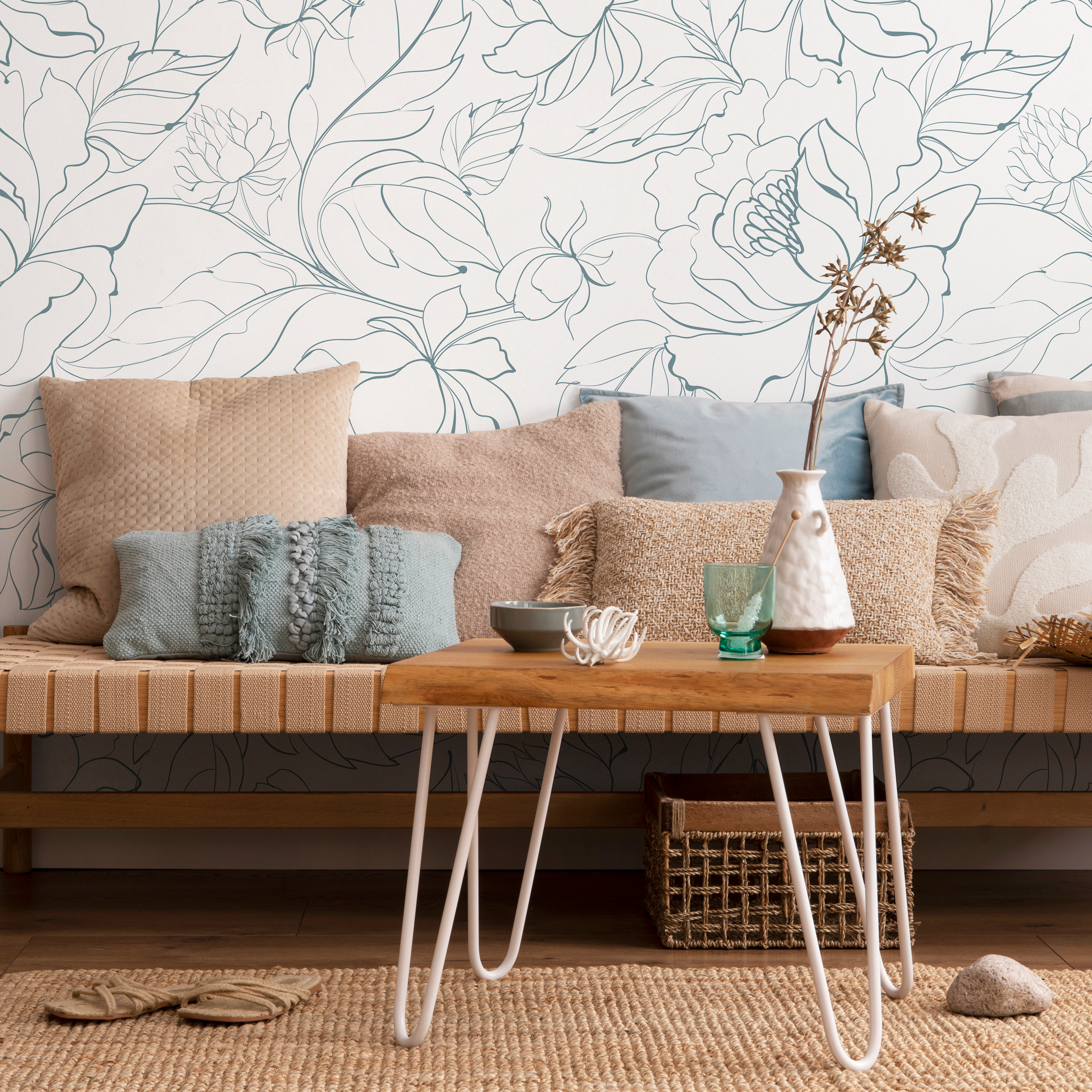 Floral Wallpaper Featuring Minimalist Peony Line Art In Dusty Blue - Zabn