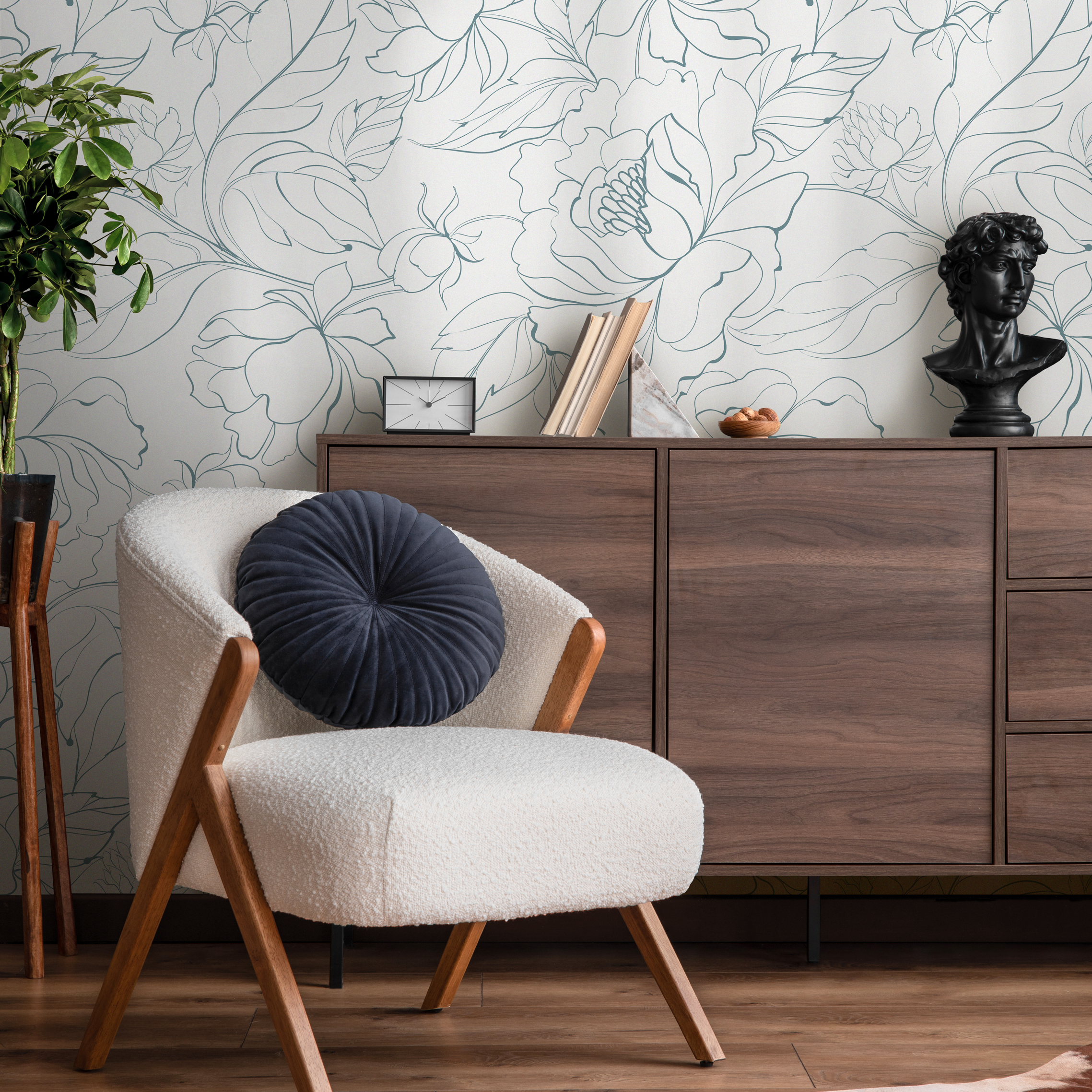 Floral Wallpaper Featuring Minimalist Peony Line Art In Dusty Blue - Zabn