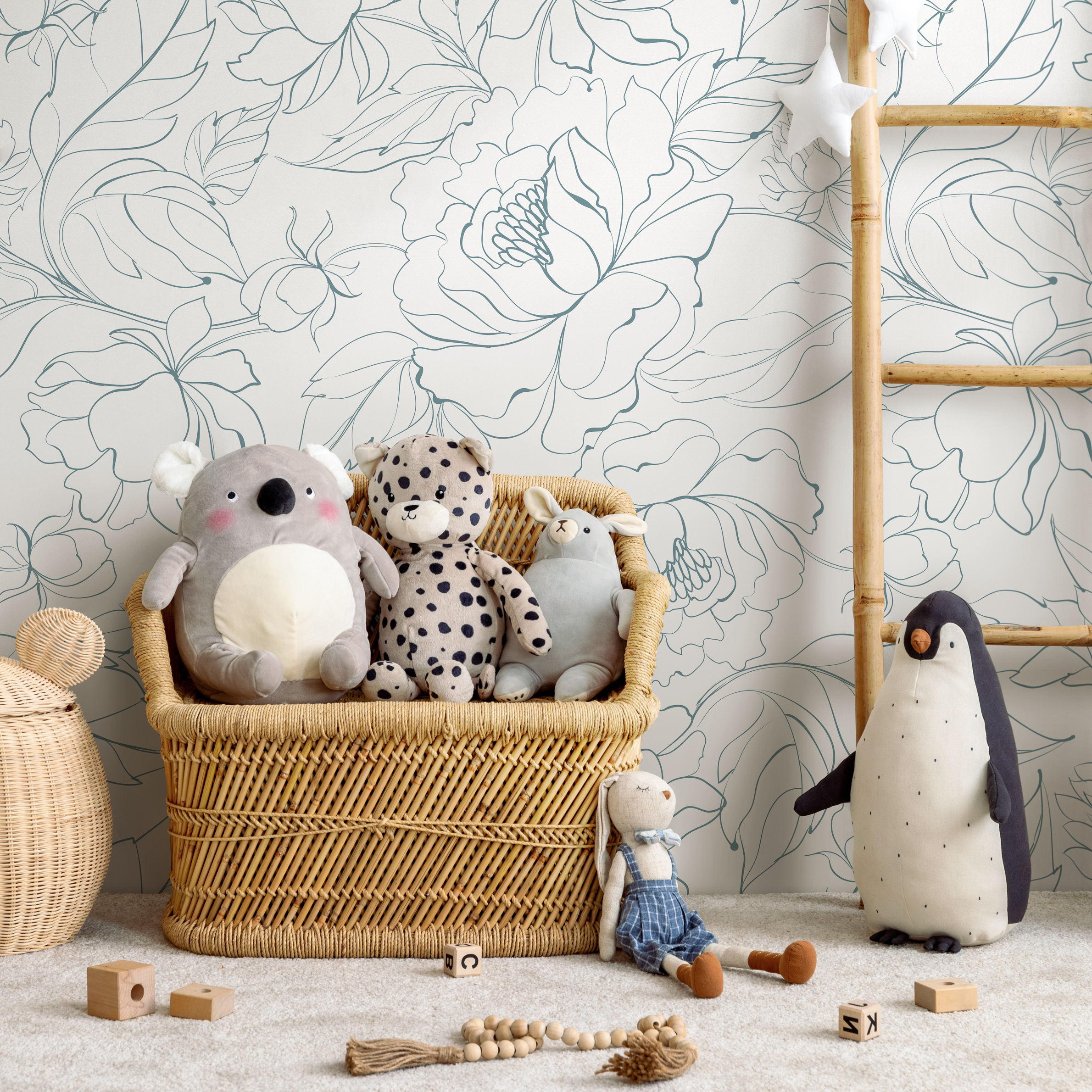 Floral Wallpaper Featuring Minimalist Peony Line Art In Dusty Blue - Zabn