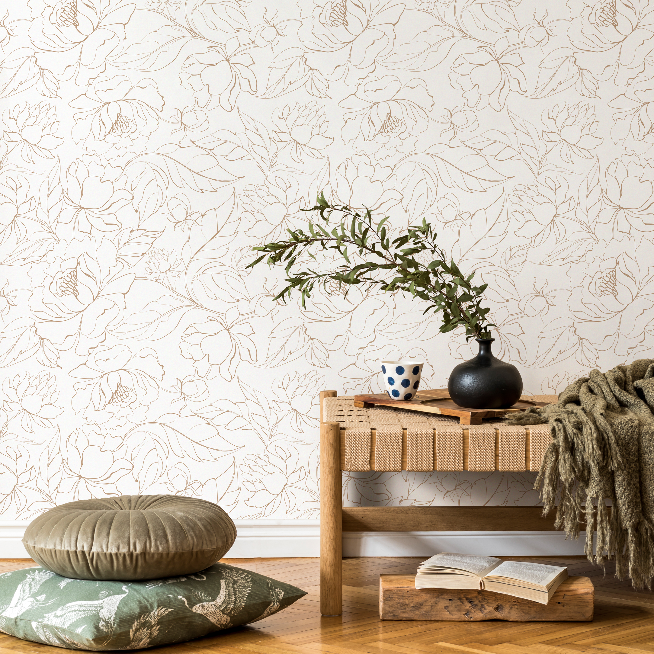 Floral Wallpaper Featuring Delicate Line Art Peonies In Tan - Zabo