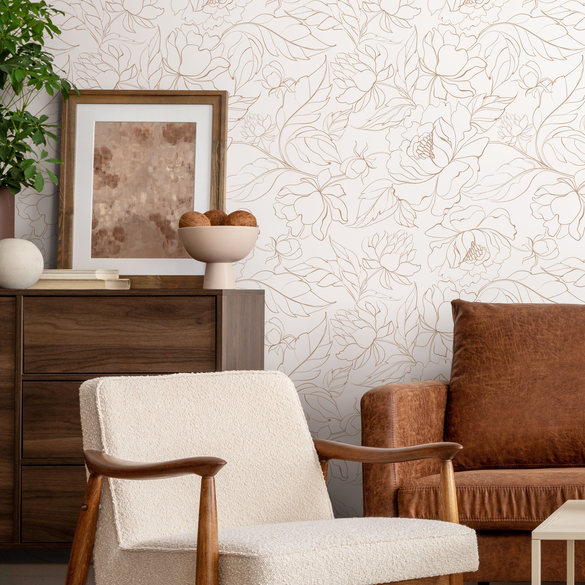 Floral Wallpaper Featuring Delicate Line Art Peonies In Tan - Zabo