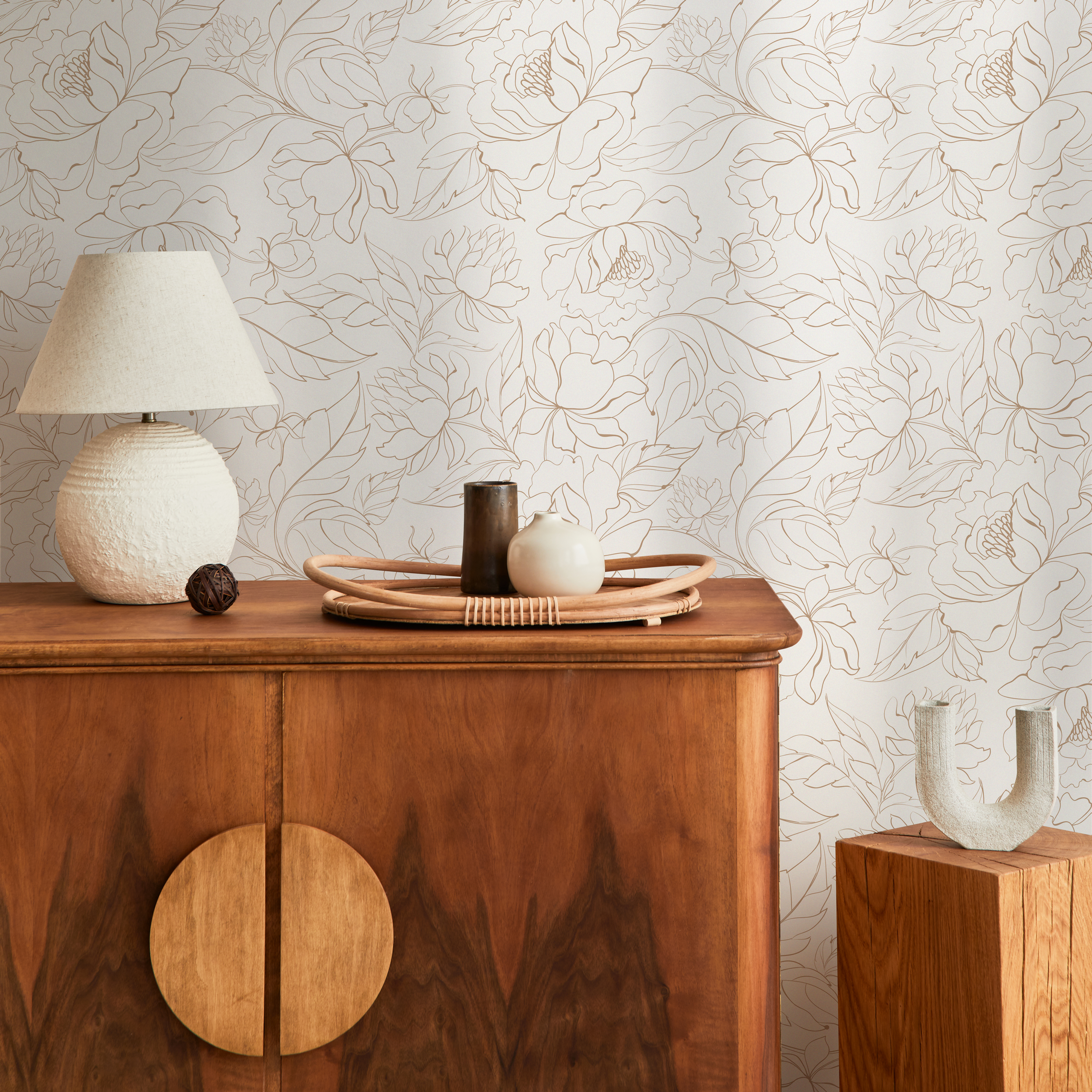 Floral Wallpaper Featuring Delicate Line Art Peonies In Tan - Zabo