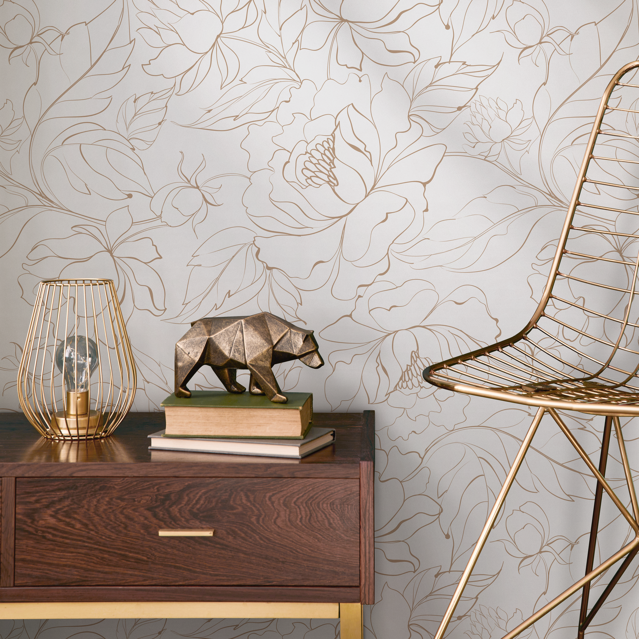Floral Wallpaper Featuring Delicate Line Art Peonies In Tan - Zabo