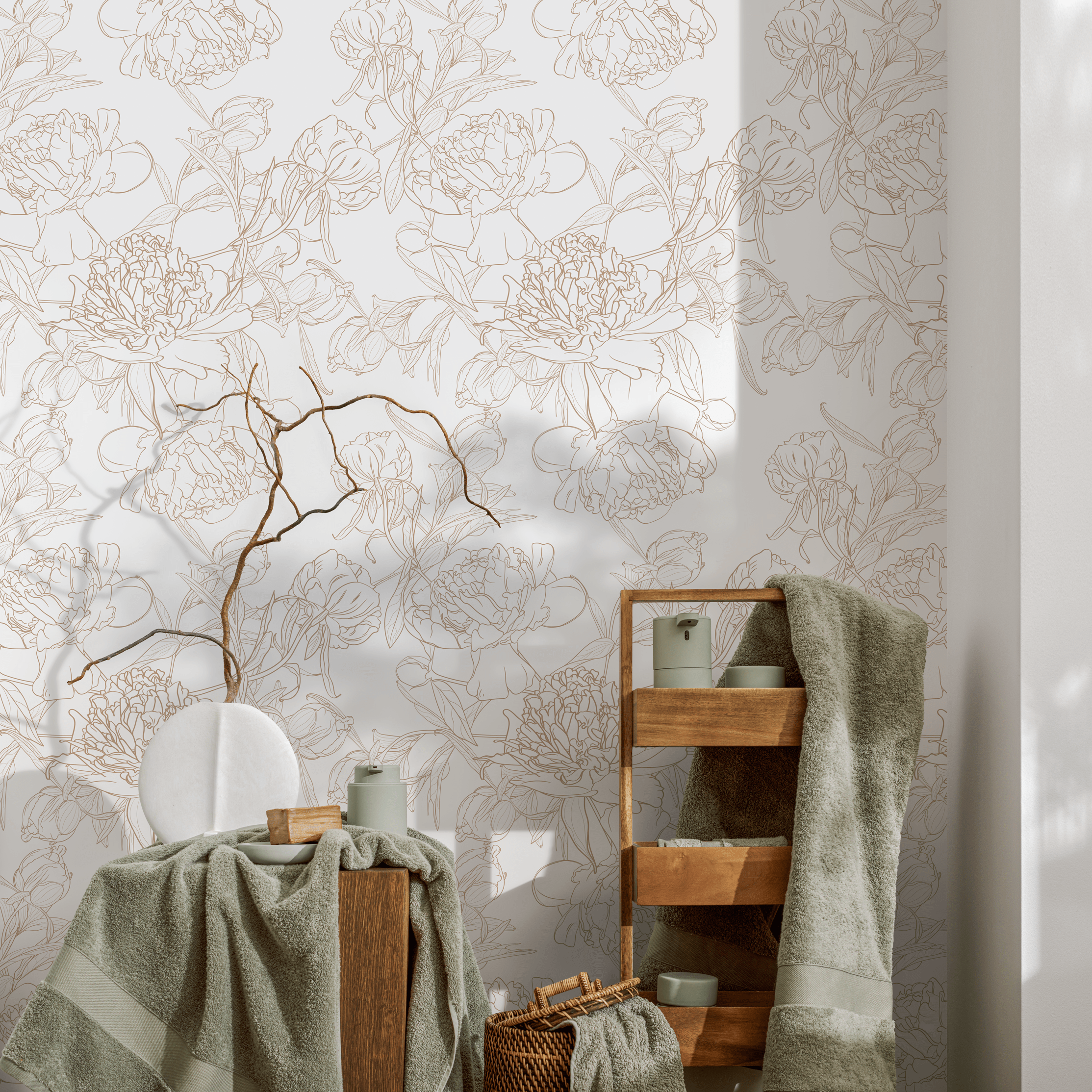 Floral Wallpaper Featuring Minimalist Peony Outlines In Beige - Zabt