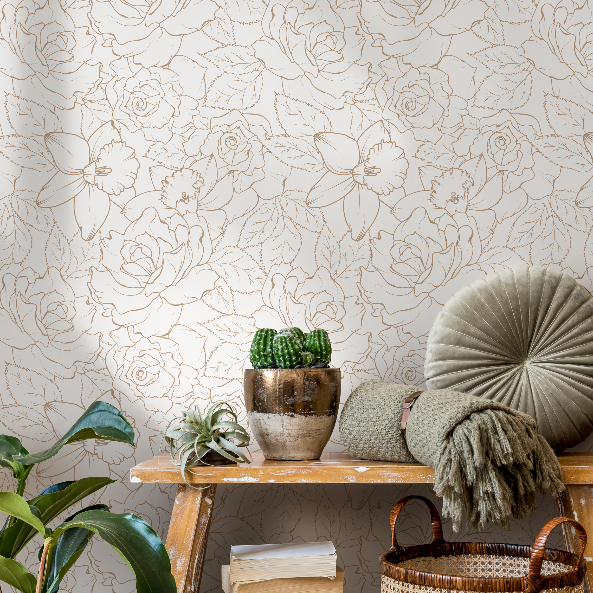 Floral Wallpaper With A Minimalist Rose Motif In Gold - Zabu